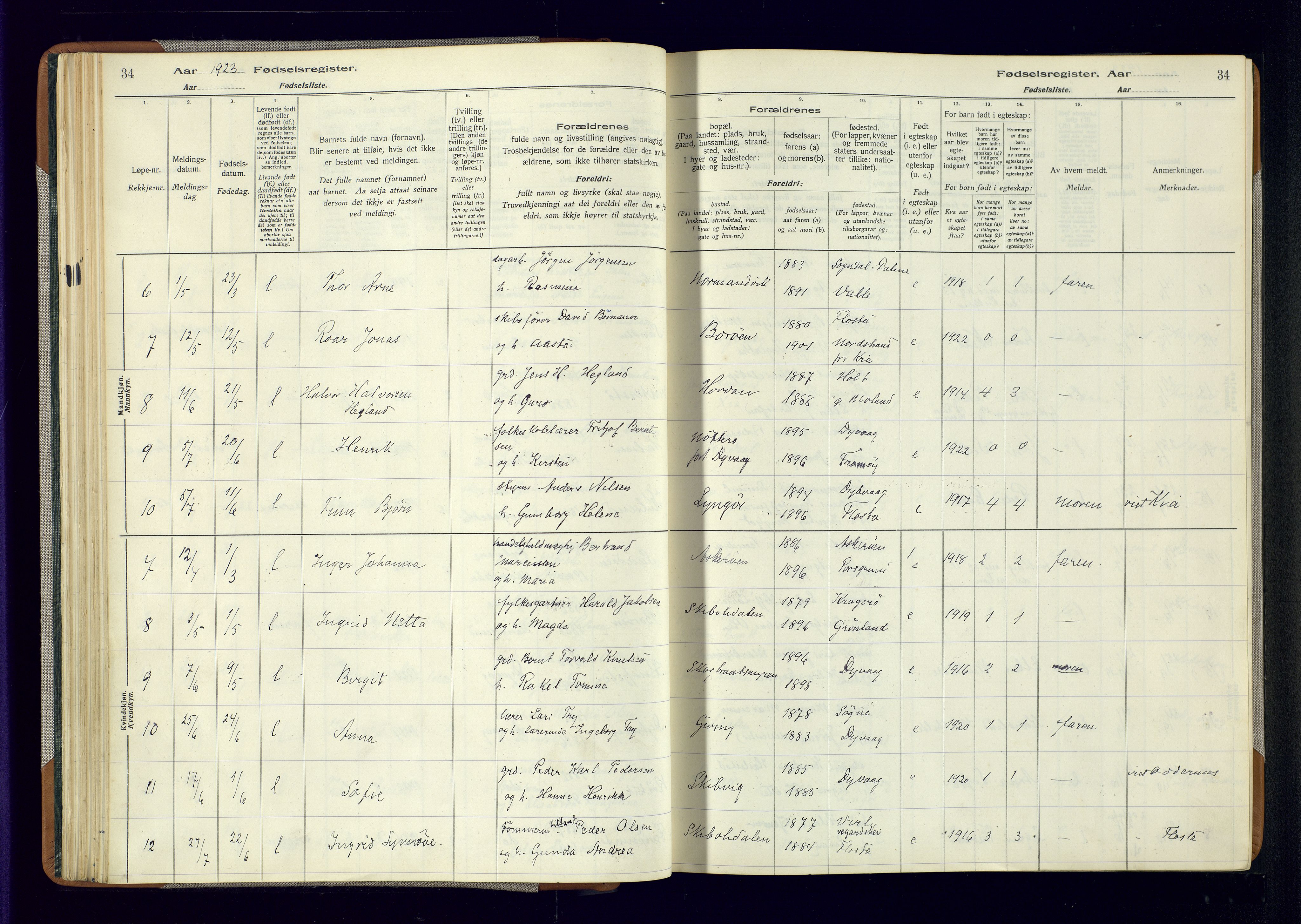 Dypvåg sokneprestkontor, AV/SAK-1111-0007/J/Ja/L0001: Fødselsregister nr. II.4.3, 1916-1975, s. 34