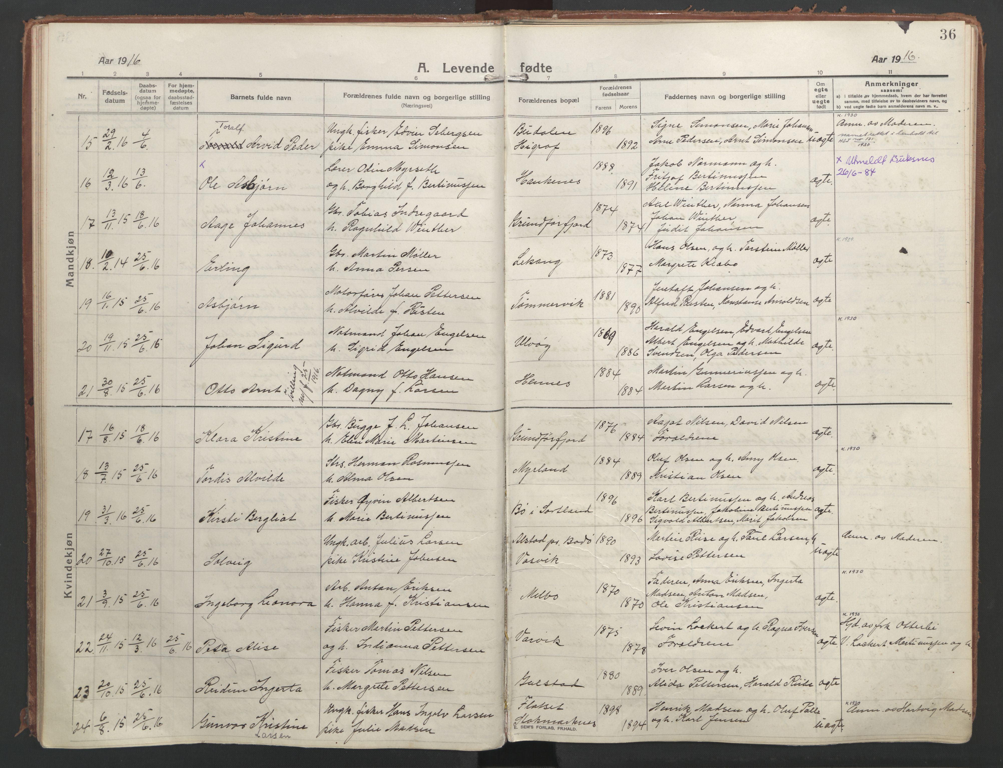 Ministerialprotokoller, klokkerbøker og fødselsregistre - Nordland, AV/SAT-A-1459/888/L1250: Ministerialbok nr. 888A16, 1913-1925, s. 36