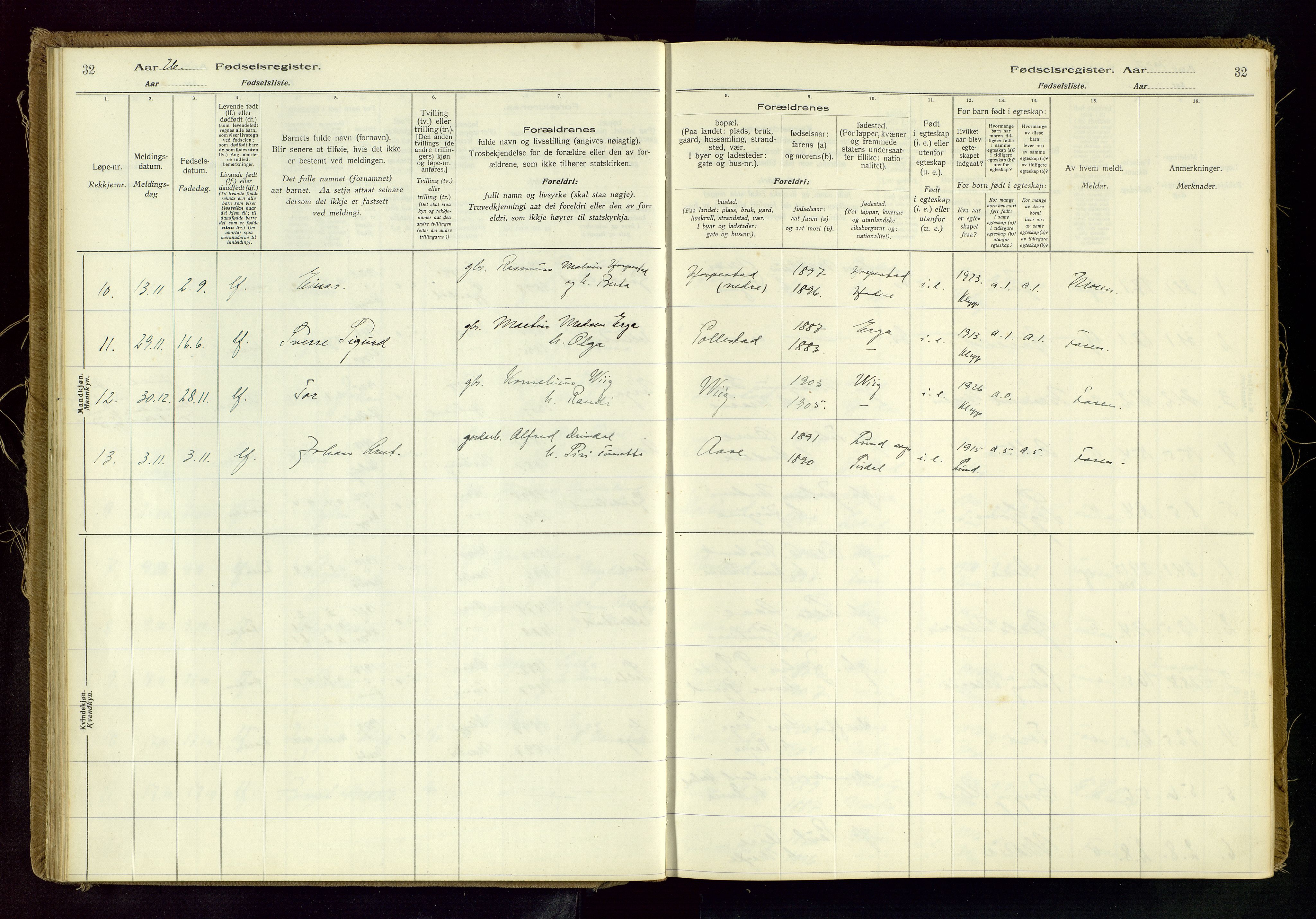 Klepp sokneprestkontor, AV/SAST-A-101803/001/704BAC/L0001: Fødselsregister nr. 1, 1916-1982, s. 32