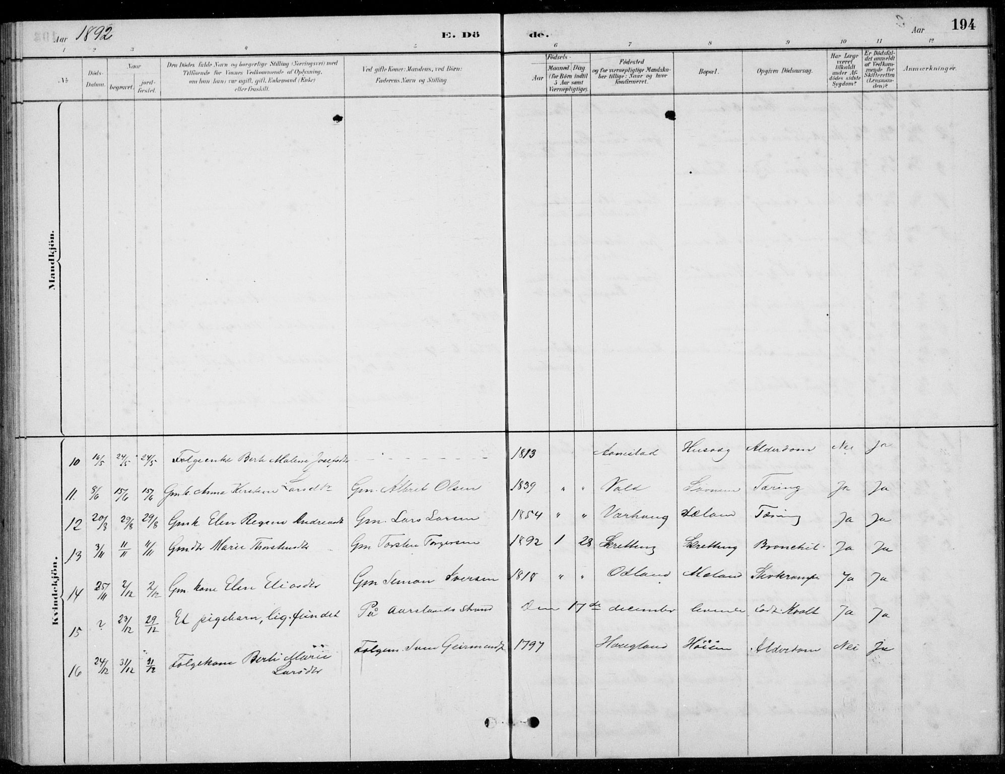Hå sokneprestkontor, AV/SAST-A-101801/001/30BB/L0004: Klokkerbok nr. B 4, 1883-1899, s. 194