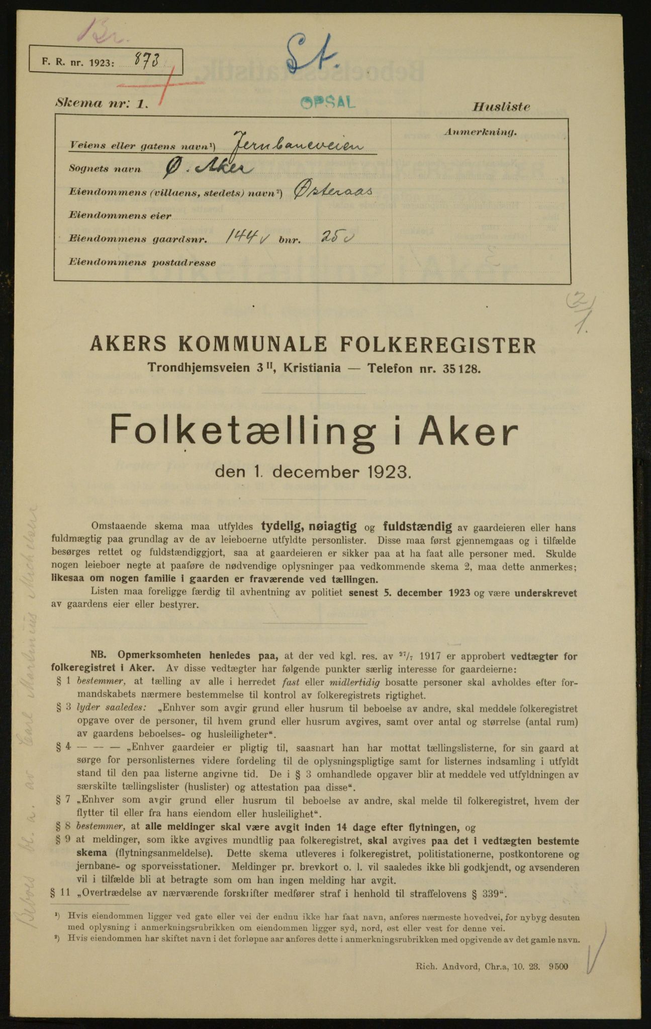 , Kommunal folketelling 1.12.1923 for Aker, 1923, s. 28156