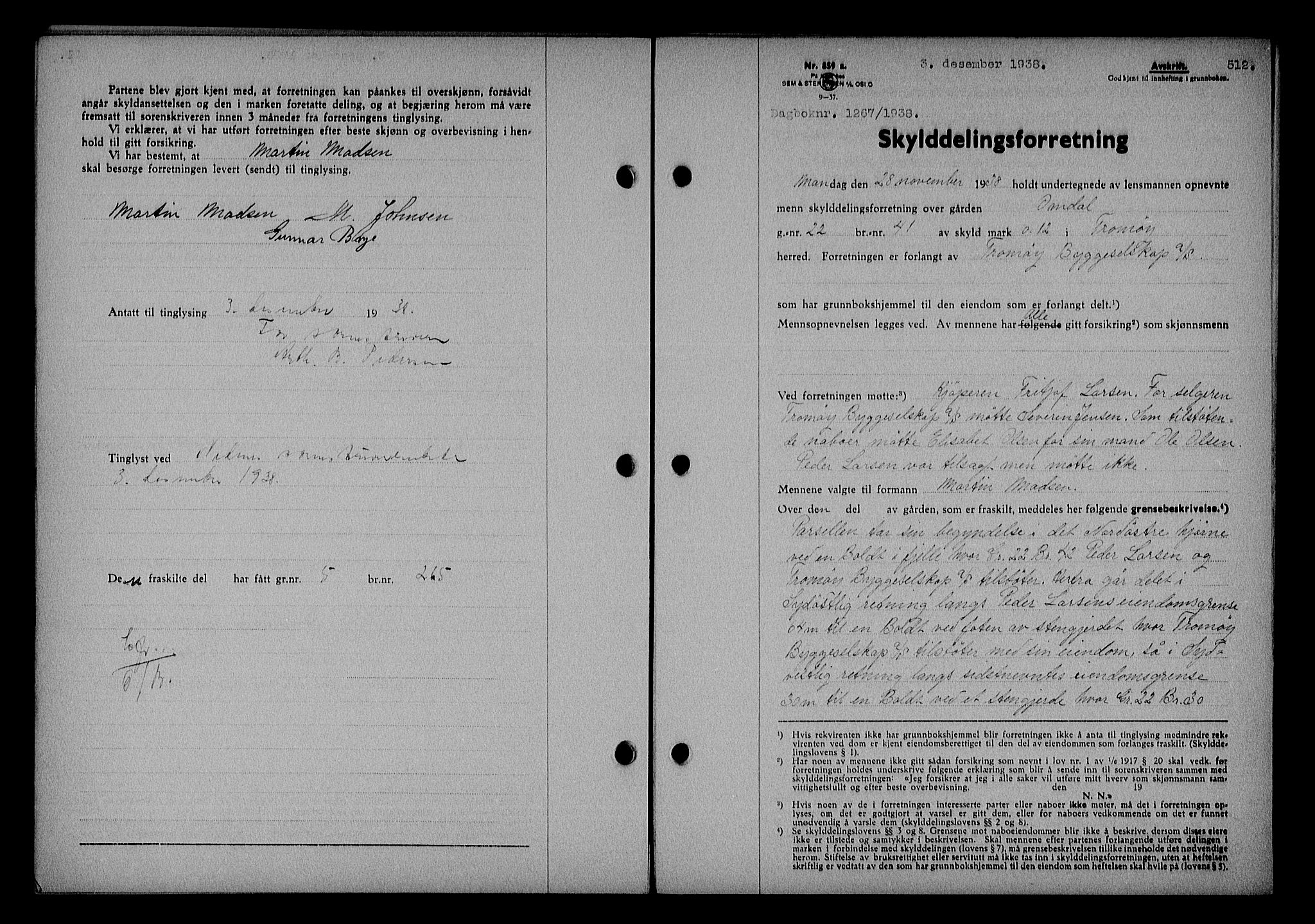 Nedenes sorenskriveri, SAK/1221-0006/G/Gb/Gba/L0045: Pantebok nr. 41, 1938-1938, Dagboknr: 1267/1938