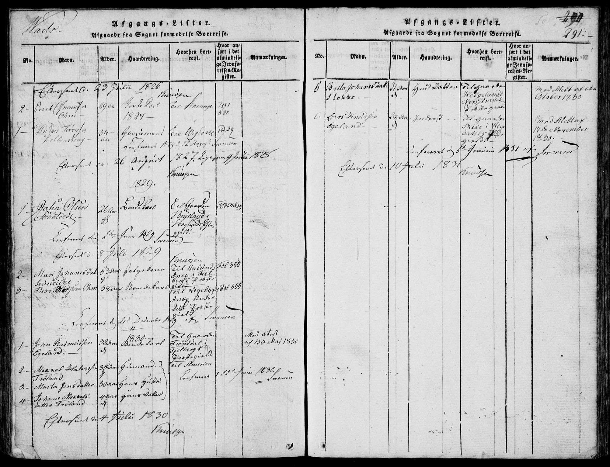 Skjold sokneprestkontor, SAST/A-101847/H/Ha/Hab/L0002: Klokkerbok nr. B 2 /2, 1815-1830, s. 291