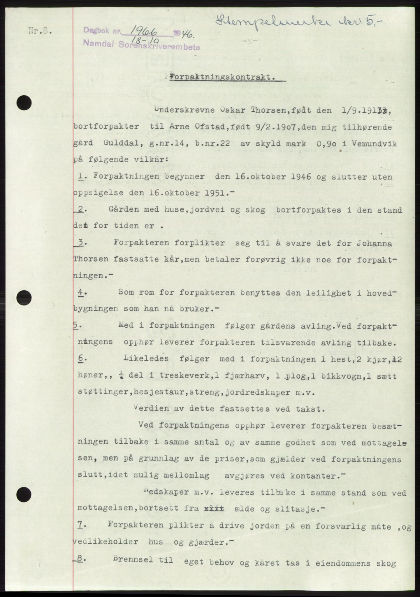 Namdal sorenskriveri, SAT/A-4133/1/2/2C: Pantebok nr. -, 1946-1947, Dagboknr: 1966/1946