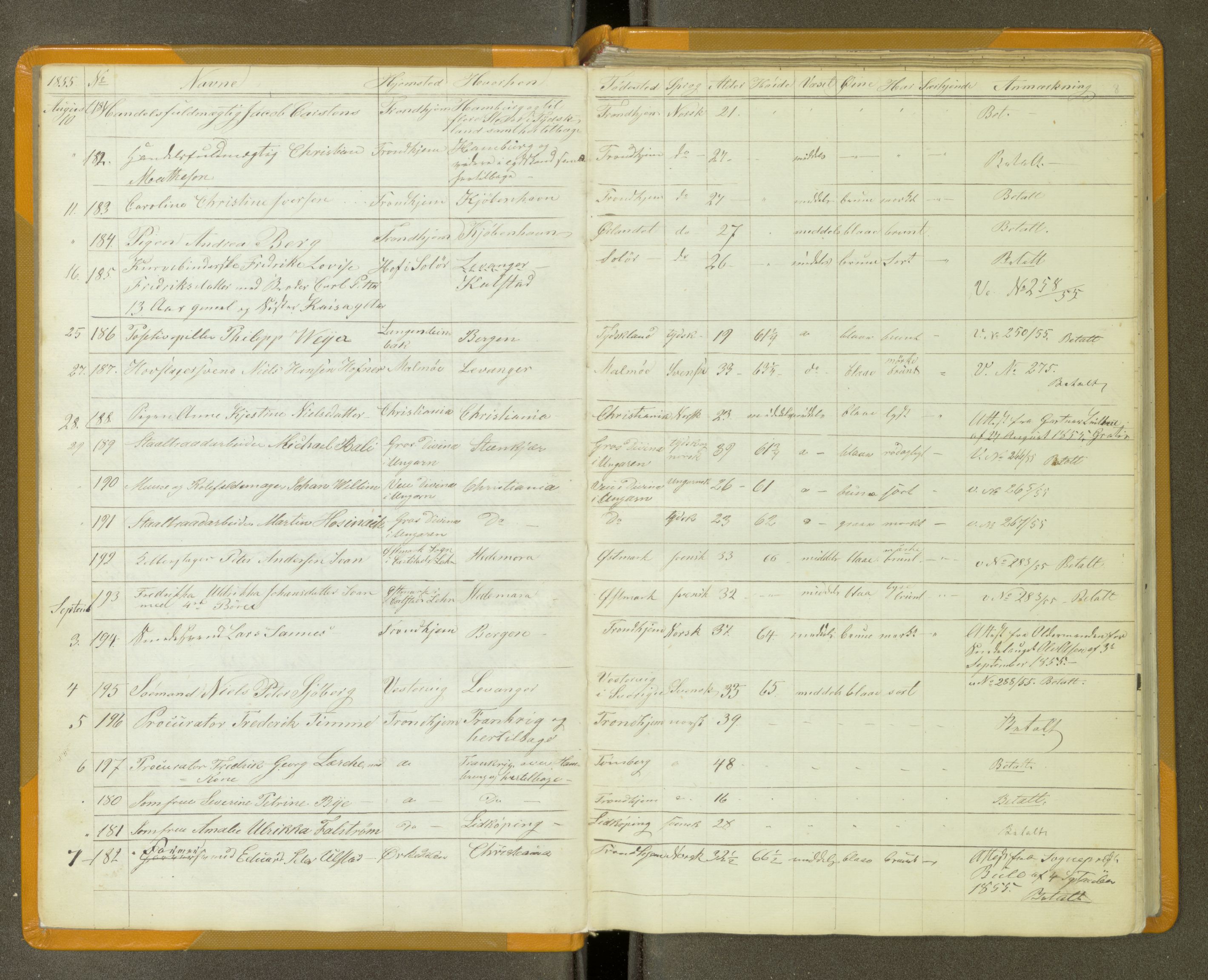 Trondheim politikammer, AV/SAT-A-1887/1/30/L0011: Passprotokoll. Utstedte pass 1855-1890. Utstede og forviste handelsbrev 1857-1860, 1855-1890, s. 7b-8a