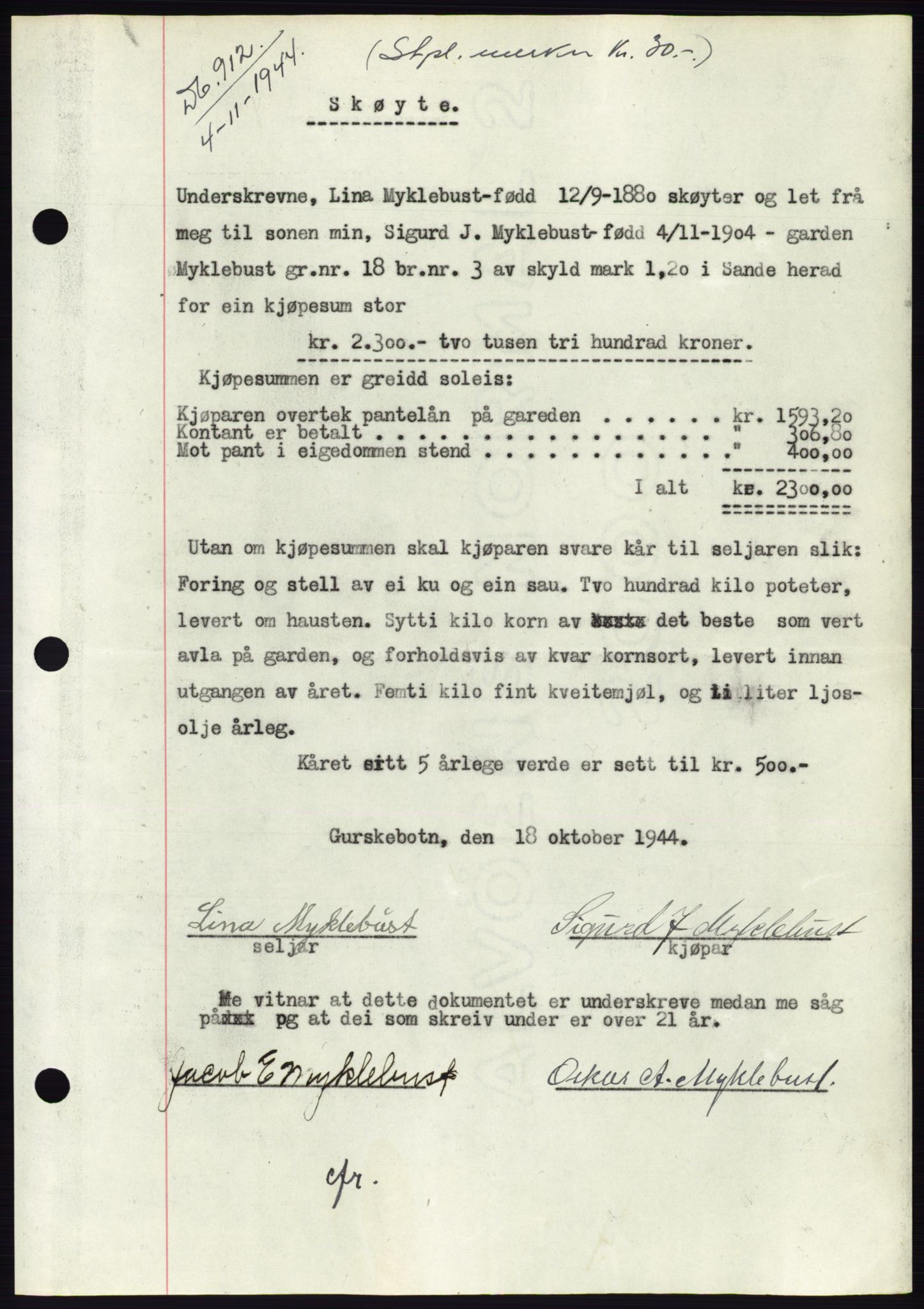 Søre Sunnmøre sorenskriveri, AV/SAT-A-4122/1/2/2C/L0076: Pantebok nr. 2A, 1943-1944, Dagboknr: 912/1944