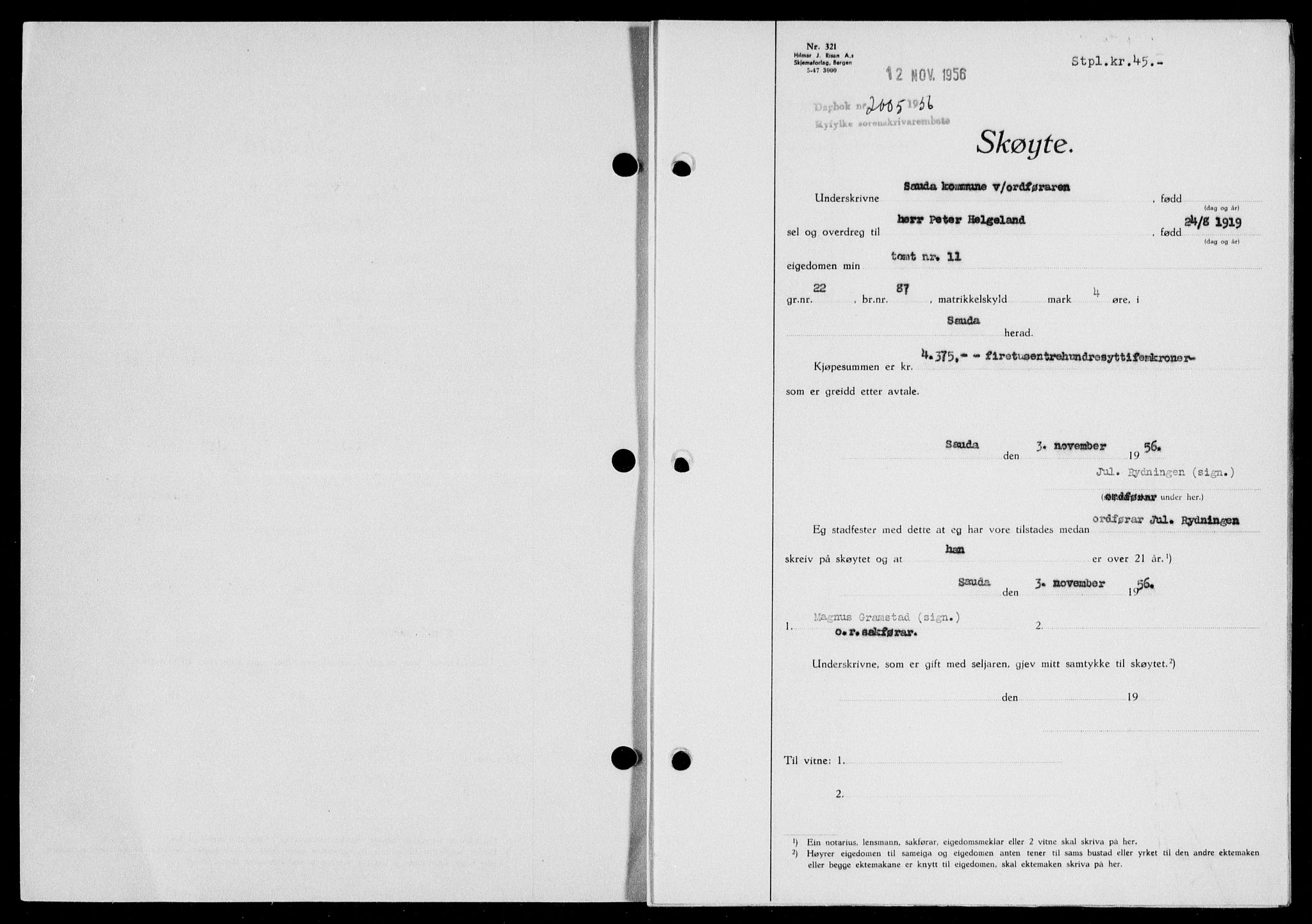 Ryfylke tingrett, SAST/A-100055/001/II/IIB/L0135: Pantebok nr. 114, 1956-1957, Dagboknr: 2005/1956