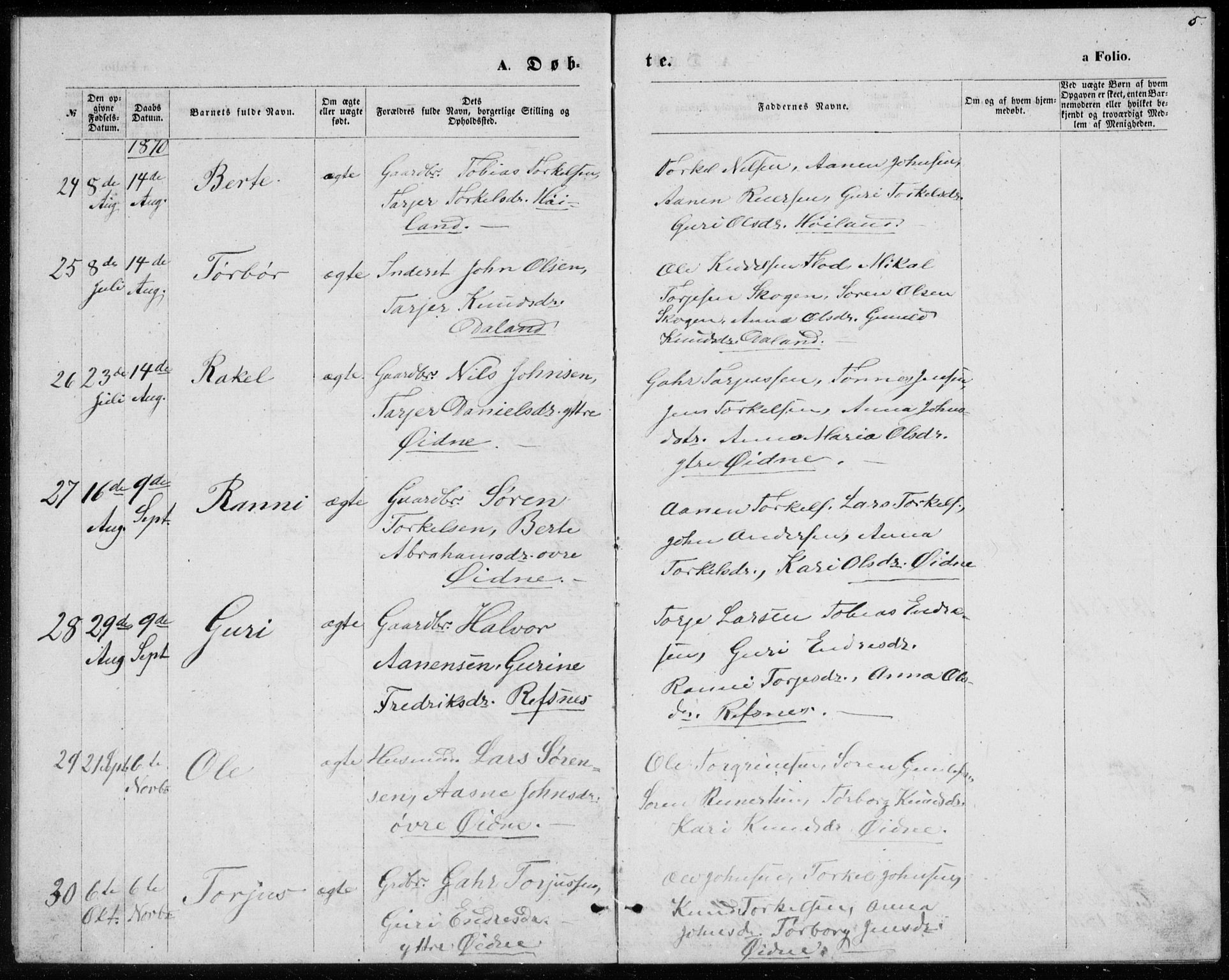 Bjelland sokneprestkontor, SAK/1111-0005/F/Fb/Fbc/L0002: Klokkerbok nr. B 2, 1867-1887, s. 5
