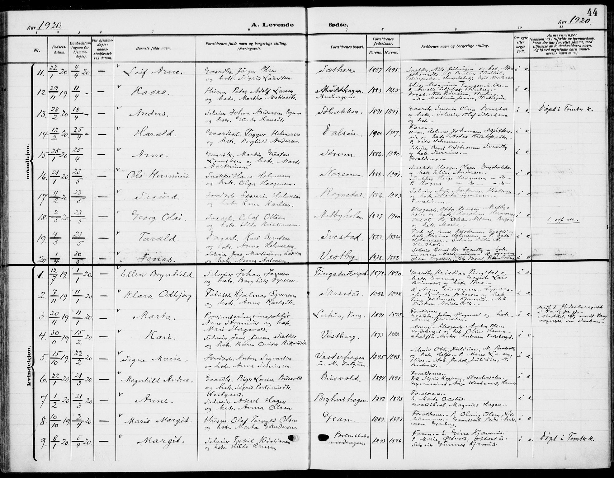 Romedal prestekontor, AV/SAH-PREST-004/K/L0012: Ministerialbok nr. 12, 1913-1935, s. 44