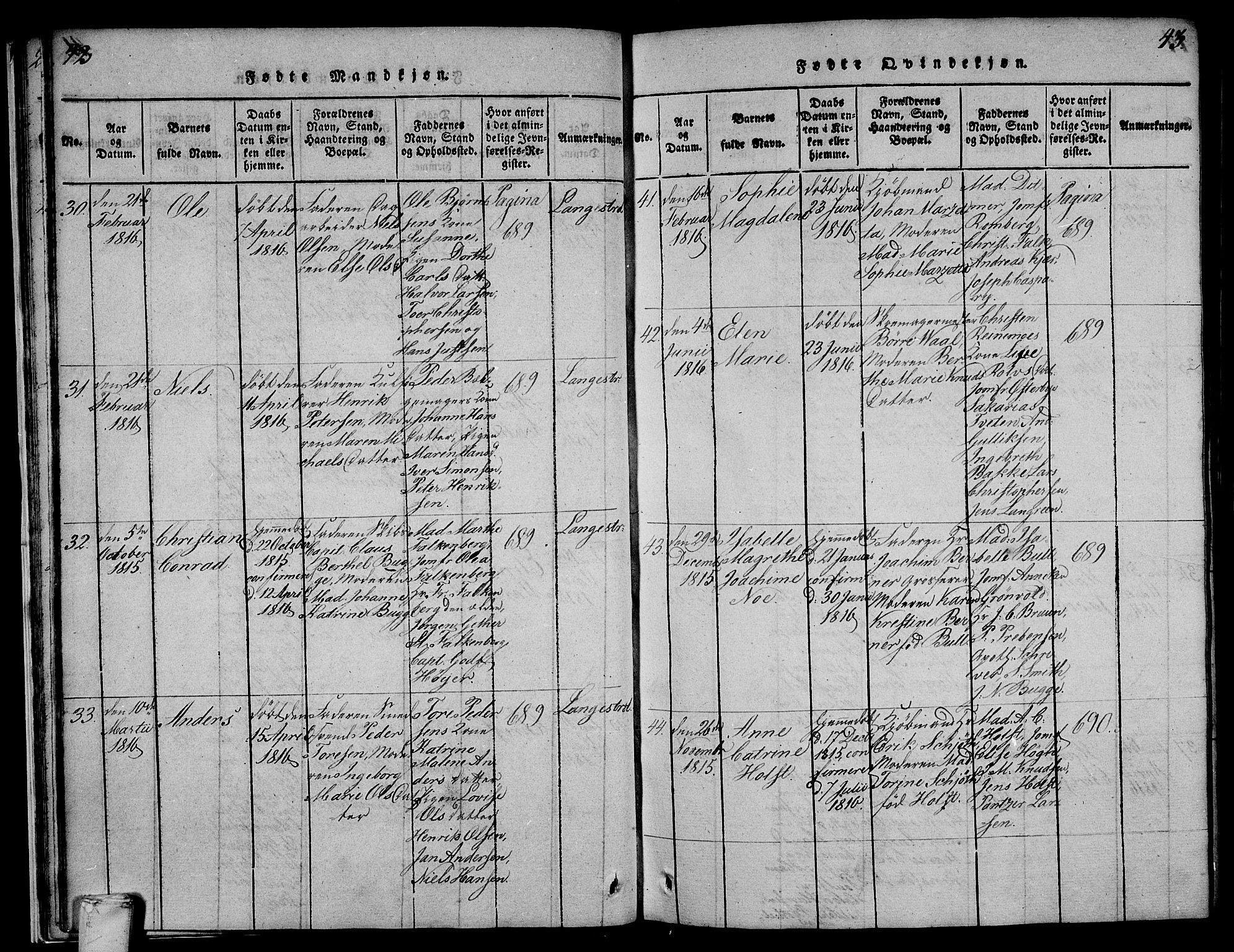 Larvik kirkebøker, AV/SAKO-A-352/F/Fa/L0001: Ministerialbok nr. I 1, 1814-1825, s. 42-43