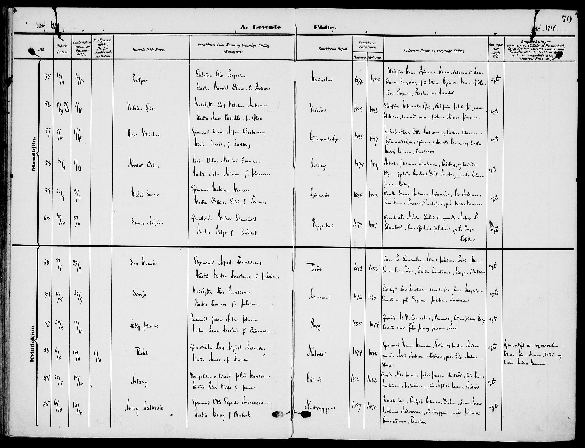Nøtterøy kirkebøker, AV/SAKO-A-354/F/Fa/L0010: Ministerialbok nr. I 10, 1908-1919, s. 70