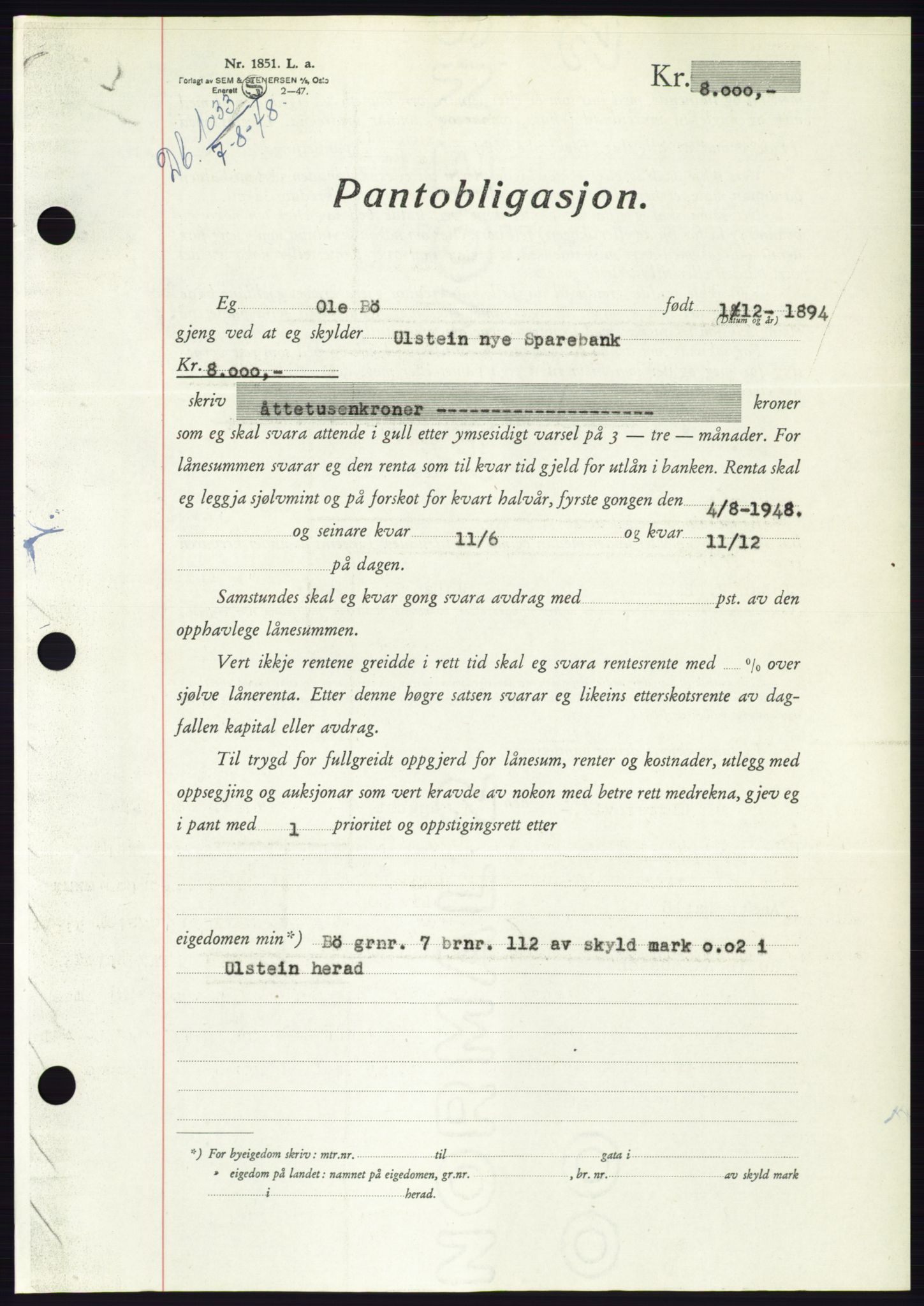 Søre Sunnmøre sorenskriveri, AV/SAT-A-4122/1/2/2C/L0116: Pantebok nr. 4B, 1948-1949, Dagboknr: 1033/1948