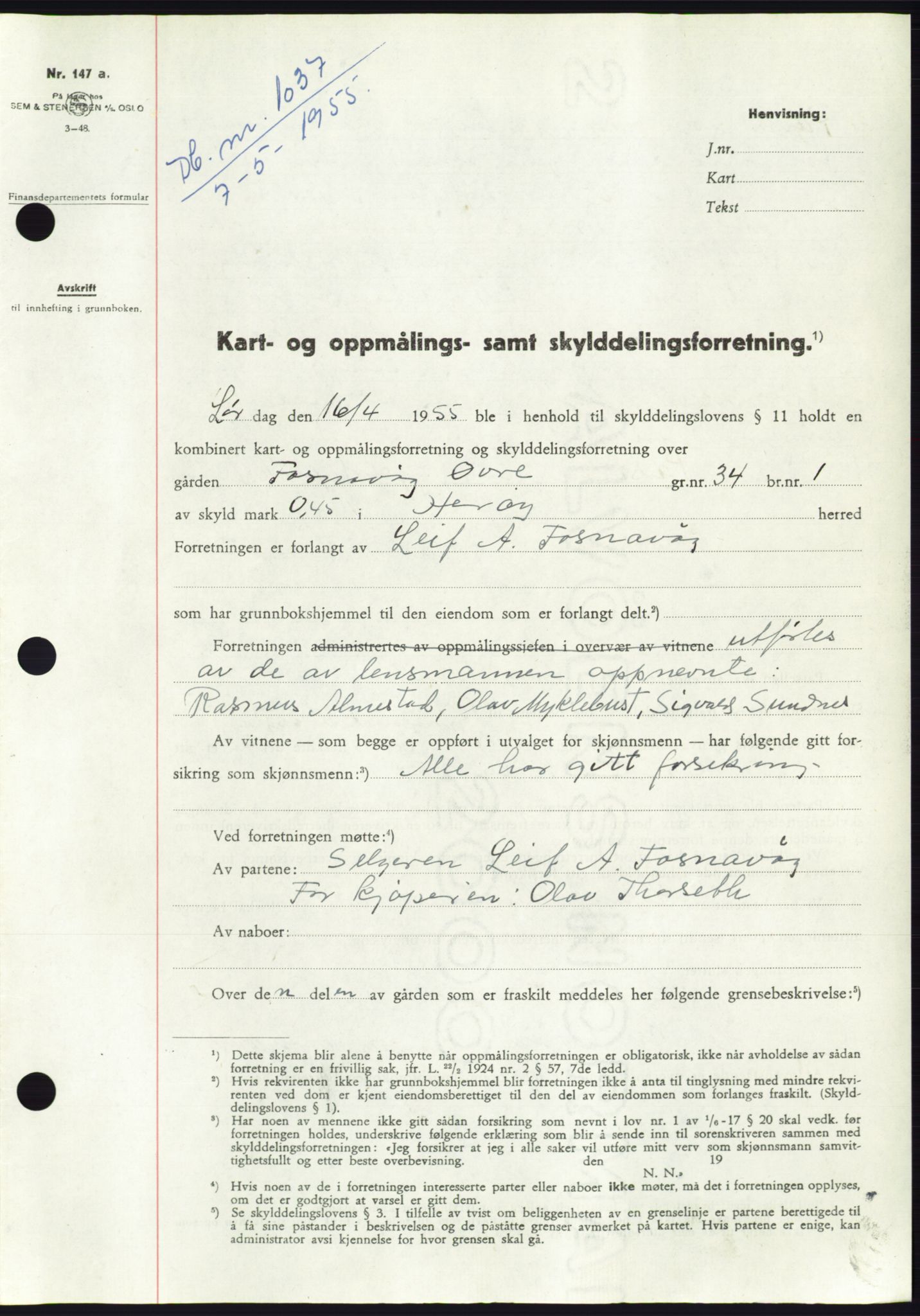 Søre Sunnmøre sorenskriveri, SAT/A-4122/1/2/2C/L0100: Pantebok nr. 26A, 1954-1955, Dagboknr: 1037/1955