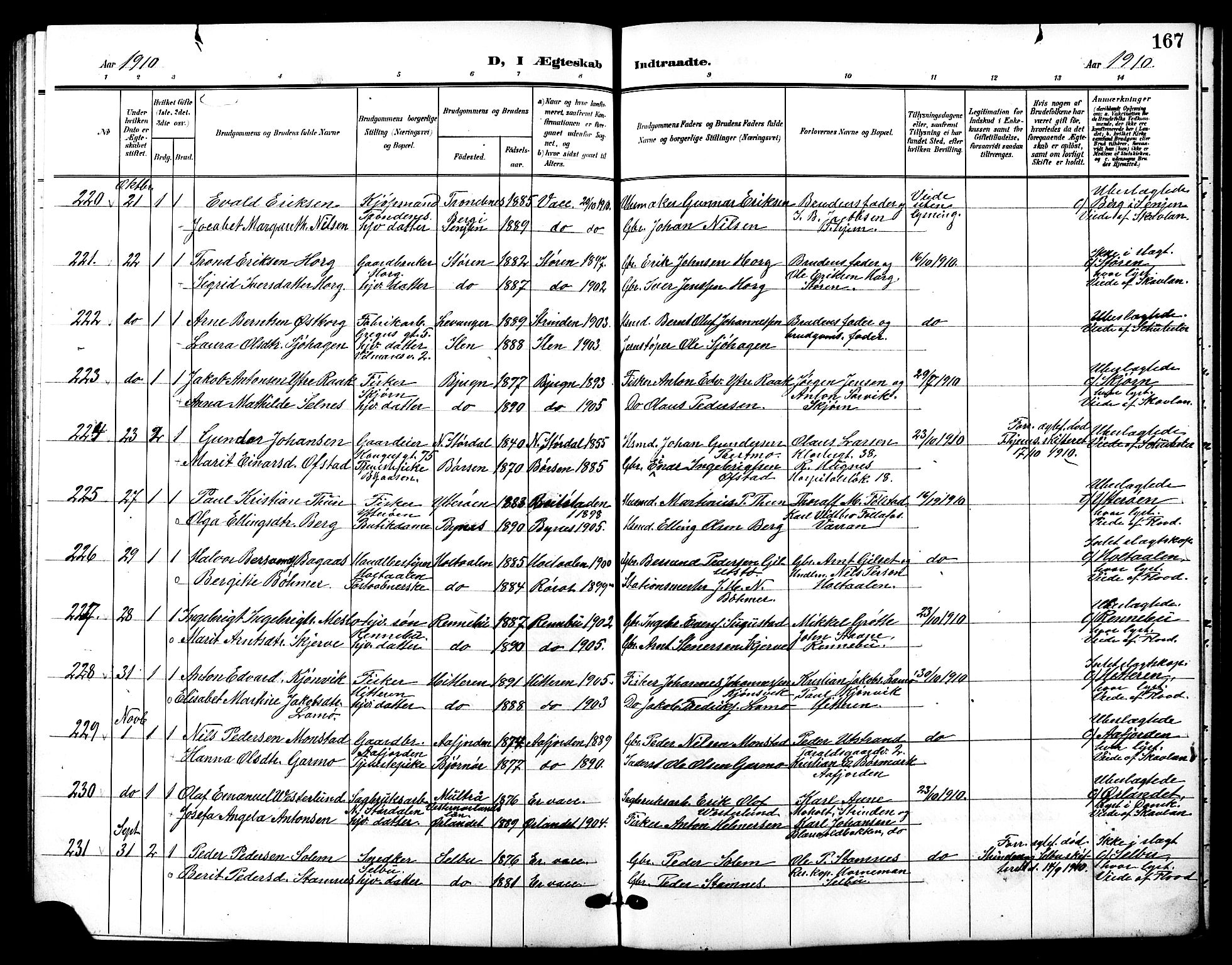 Ministerialprotokoller, klokkerbøker og fødselsregistre - Sør-Trøndelag, AV/SAT-A-1456/601/L0095: Klokkerbok nr. 601C13, 1902-1911, s. 167