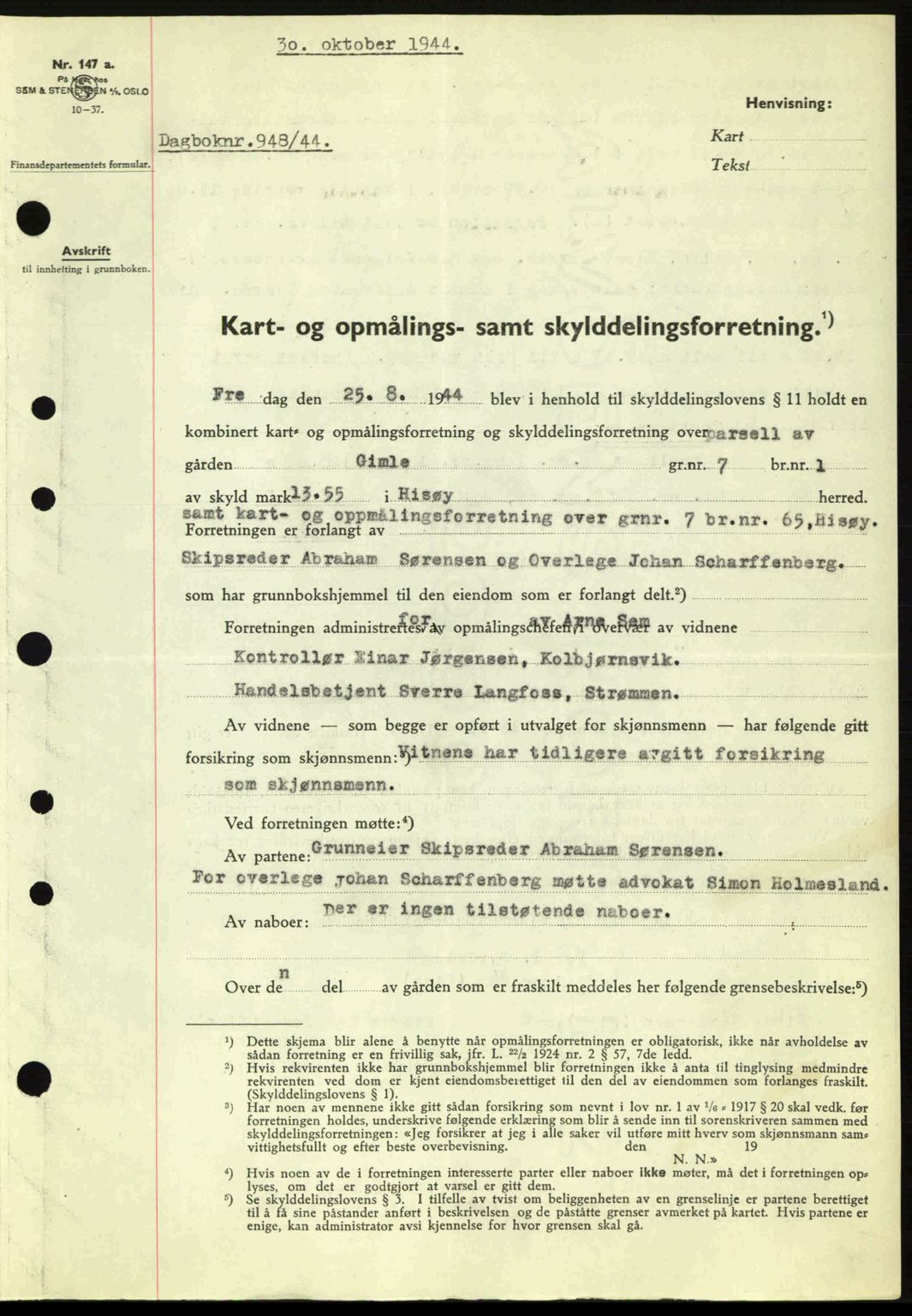 Nedenes sorenskriveri, SAK/1221-0006/G/Gb/Gba/L0052: Pantebok nr. A6a, 1944-1945, Dagboknr: 948/1944