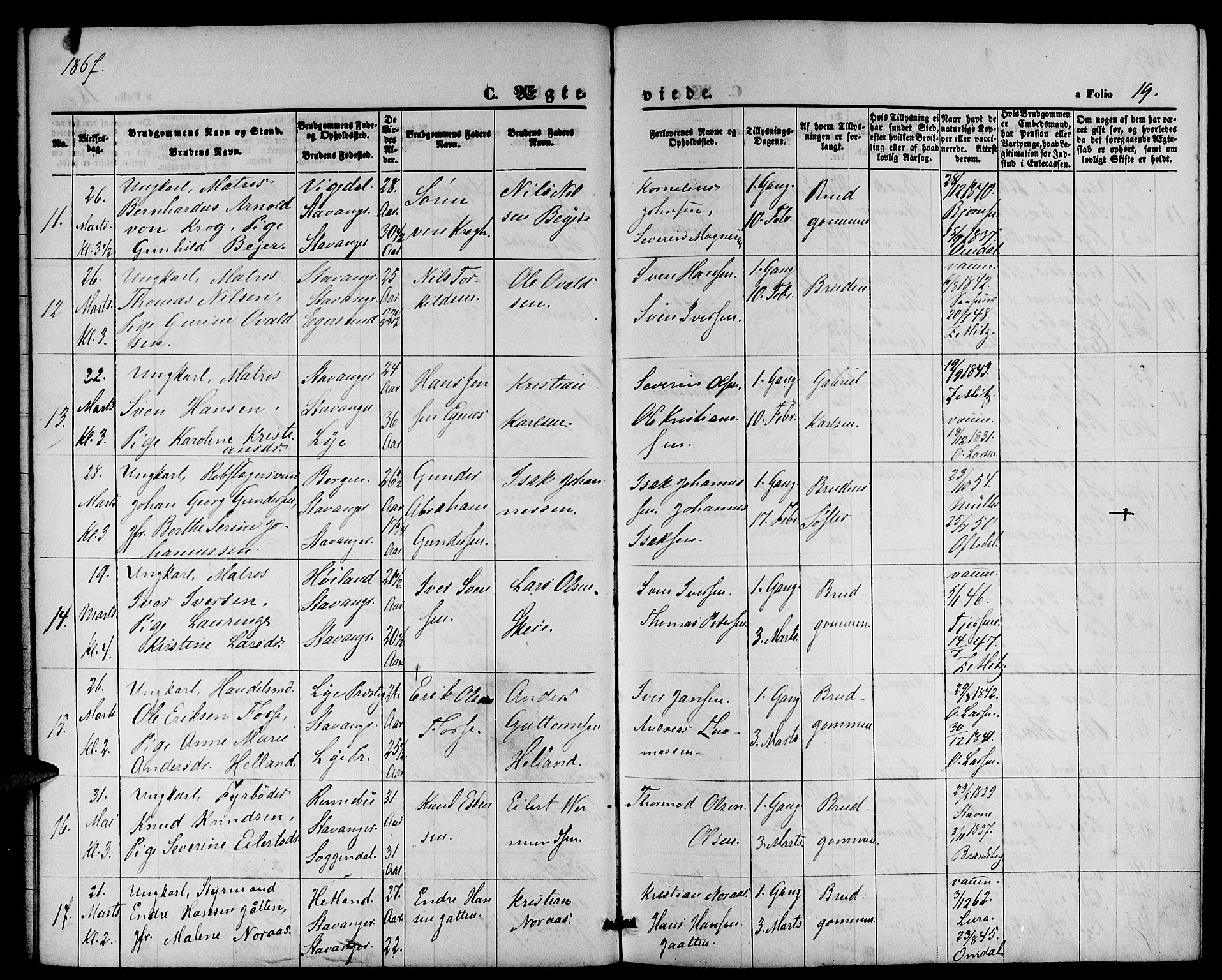 St. Petri sokneprestkontor, AV/SAST-A-101813/001/30/30BB/L0002: Klokkerbok nr. B 2, 1865-1885, s. 19