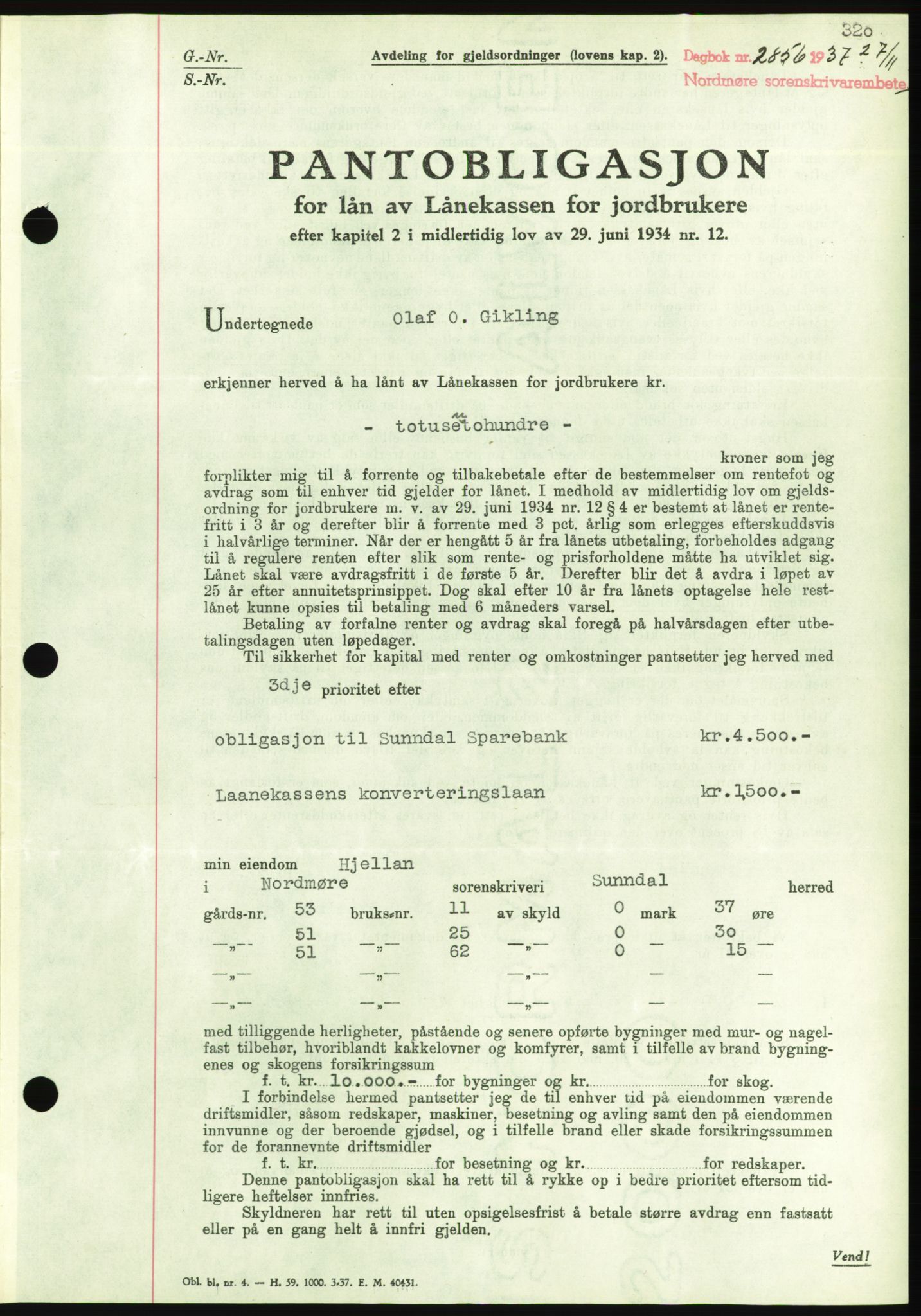 Nordmøre sorenskriveri, AV/SAT-A-4132/1/2/2Ca/L0092: Pantebok nr. B82, 1937-1938, Dagboknr: 2856/1937