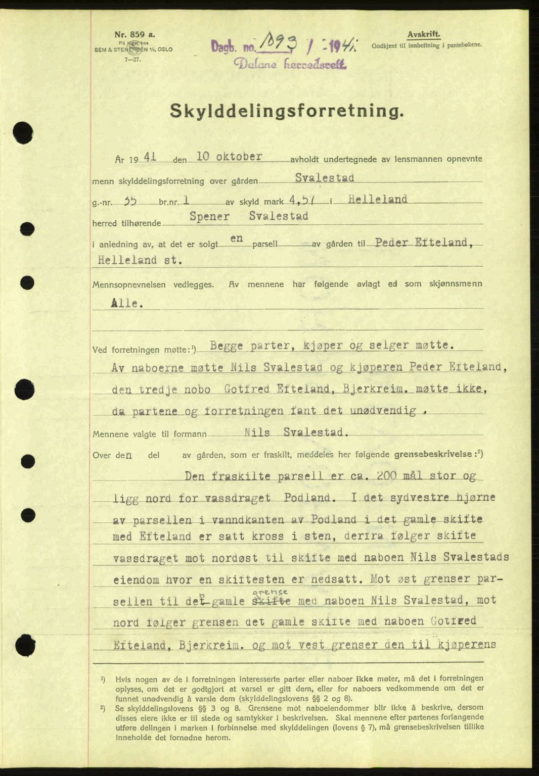 Dalane sorenskriveri, SAST/A-100309/02/G/Gb/L0045: Pantebok nr. A6, 1941-1942, Dagboknr: 1093/1941