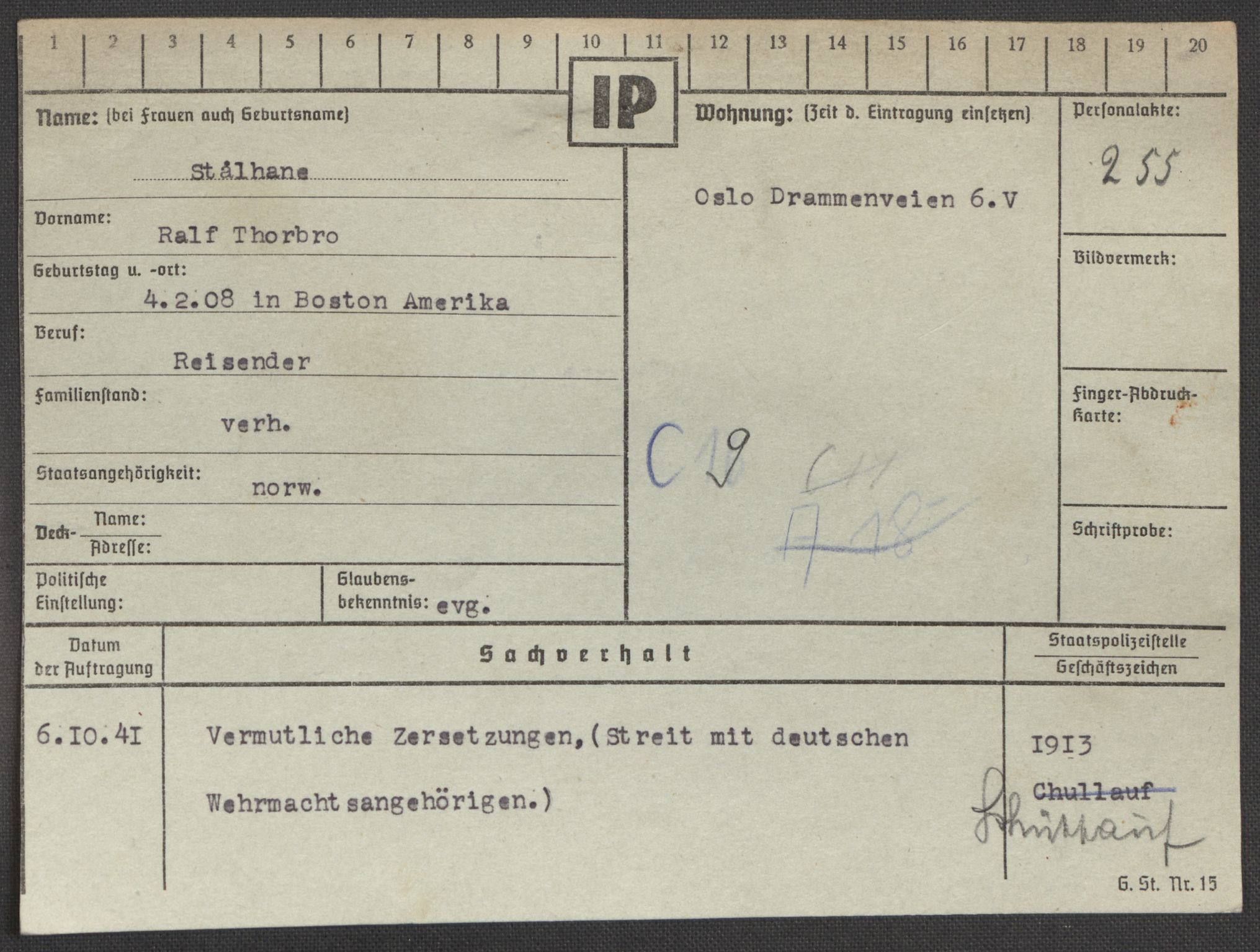 Befehlshaber der Sicherheitspolizei und des SD, AV/RA-RAFA-5969/E/Ea/Eaa/L0009: Register over norske fanger i Møllergata 19: Ru-Sy, 1940-1945, s. 1422