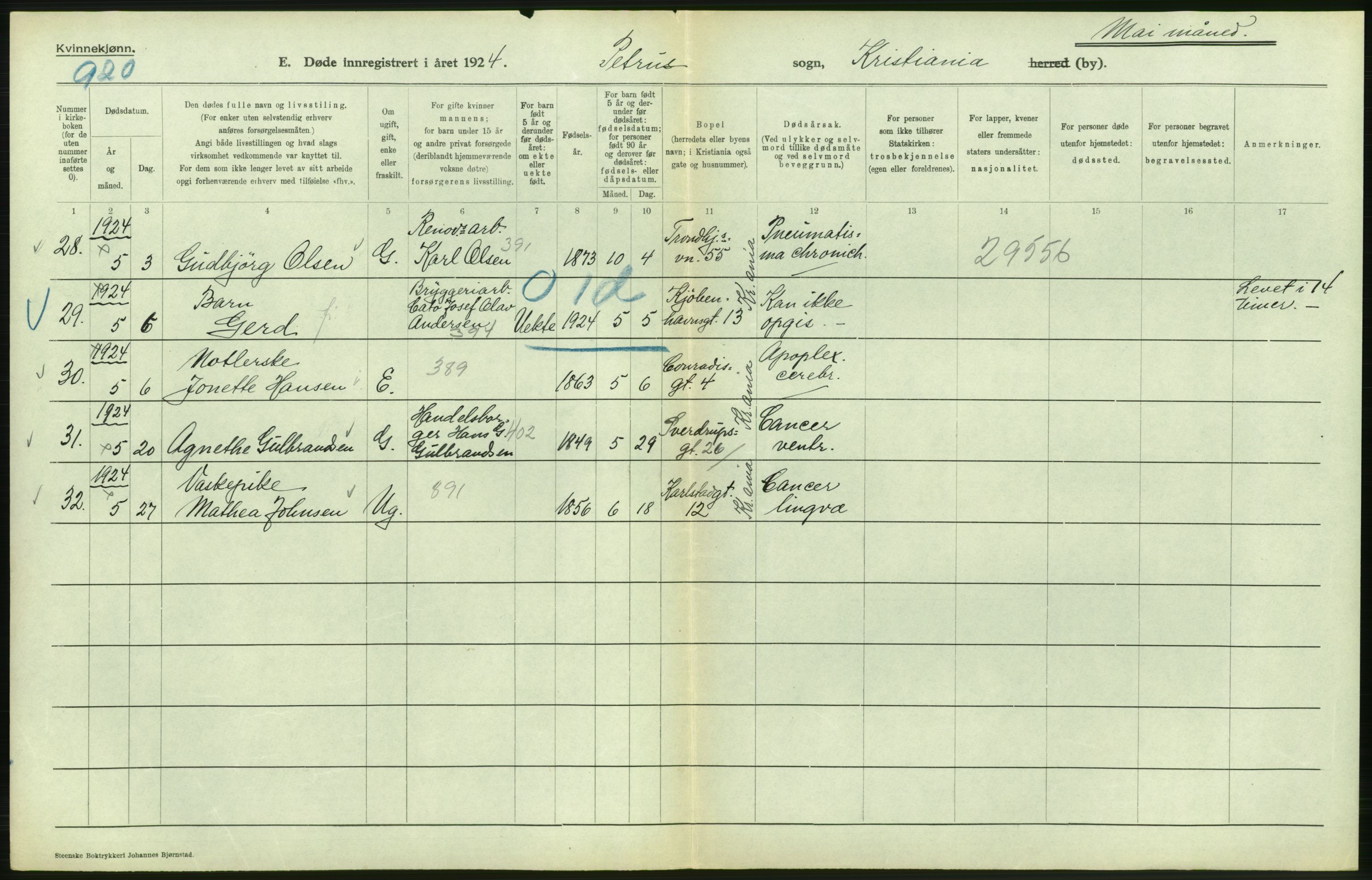 Statistisk sentralbyrå, Sosiodemografiske emner, Befolkning, AV/RA-S-2228/D/Df/Dfc/Dfcd/L0009: Kristiania: Døde kvinner, dødfødte, 1924, s. 274