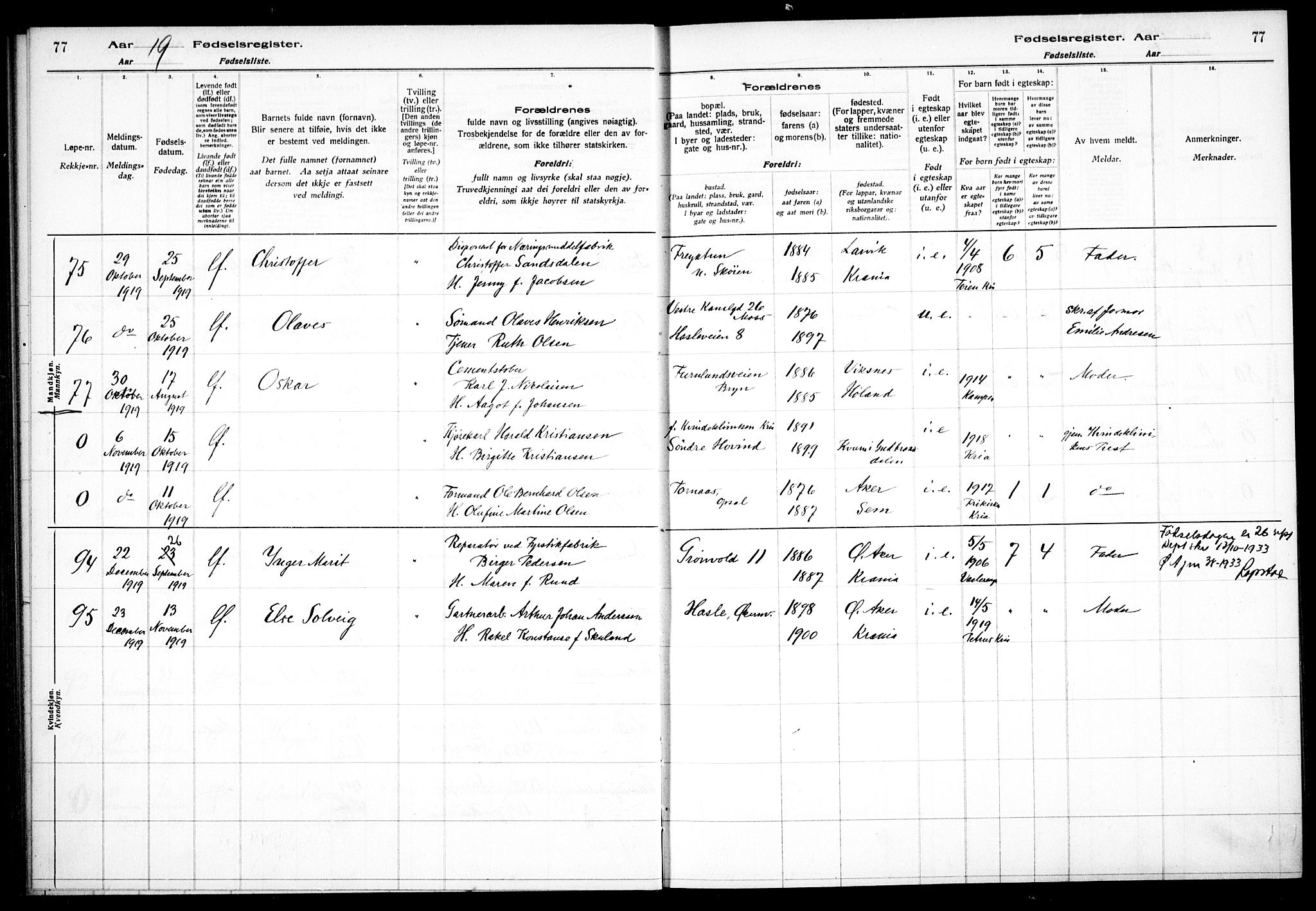 Østre Aker prestekontor Kirkebøker, AV/SAO-A-10840/J/Ja/L0001: Fødselsregister nr. I 1, 1916-1923, s. 77