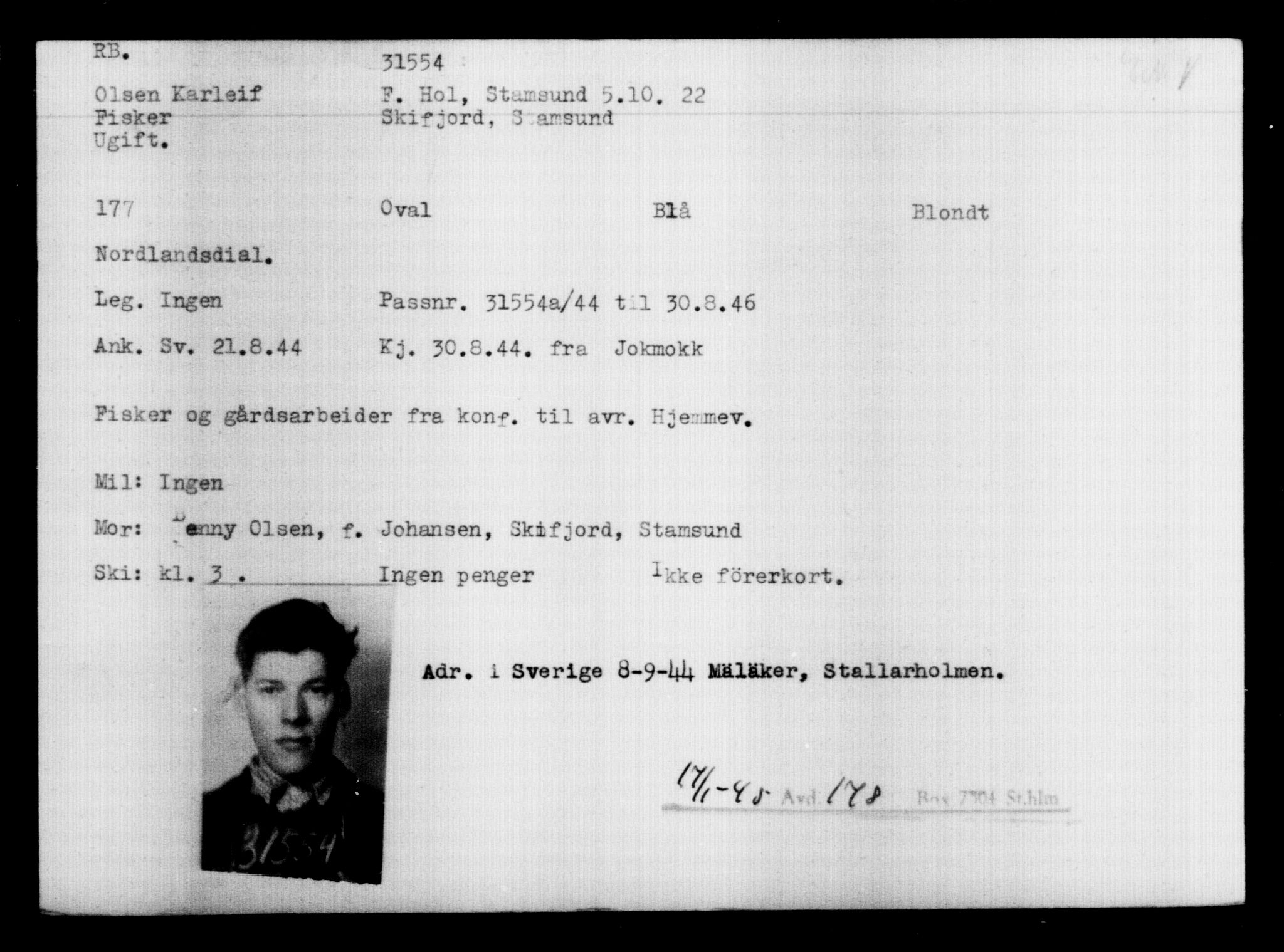 Utenriksstasjonene, Legasjonen i Stockholm, Flyktningkontoret, AV/RA-S-6753/V/Va/L0013: Kjesäterkartoteket, flyktninger med registreringsnr. 31500-34731, 1940-1945, s. 59