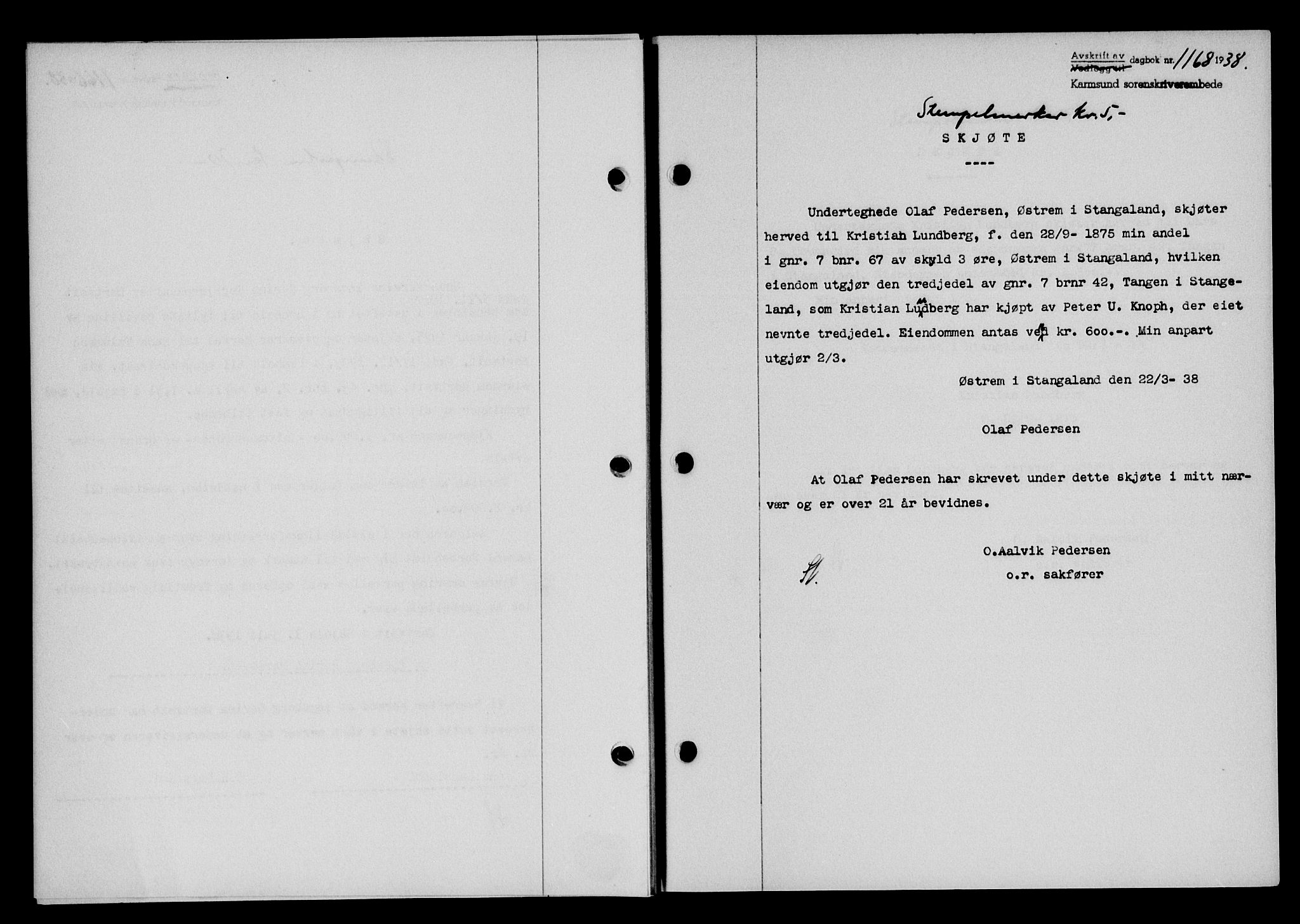 Karmsund sorenskriveri, SAST/A-100311/01/II/IIB/L0069: Pantebok nr. 50A, 1937-1938, Dagboknr: 1168/1938