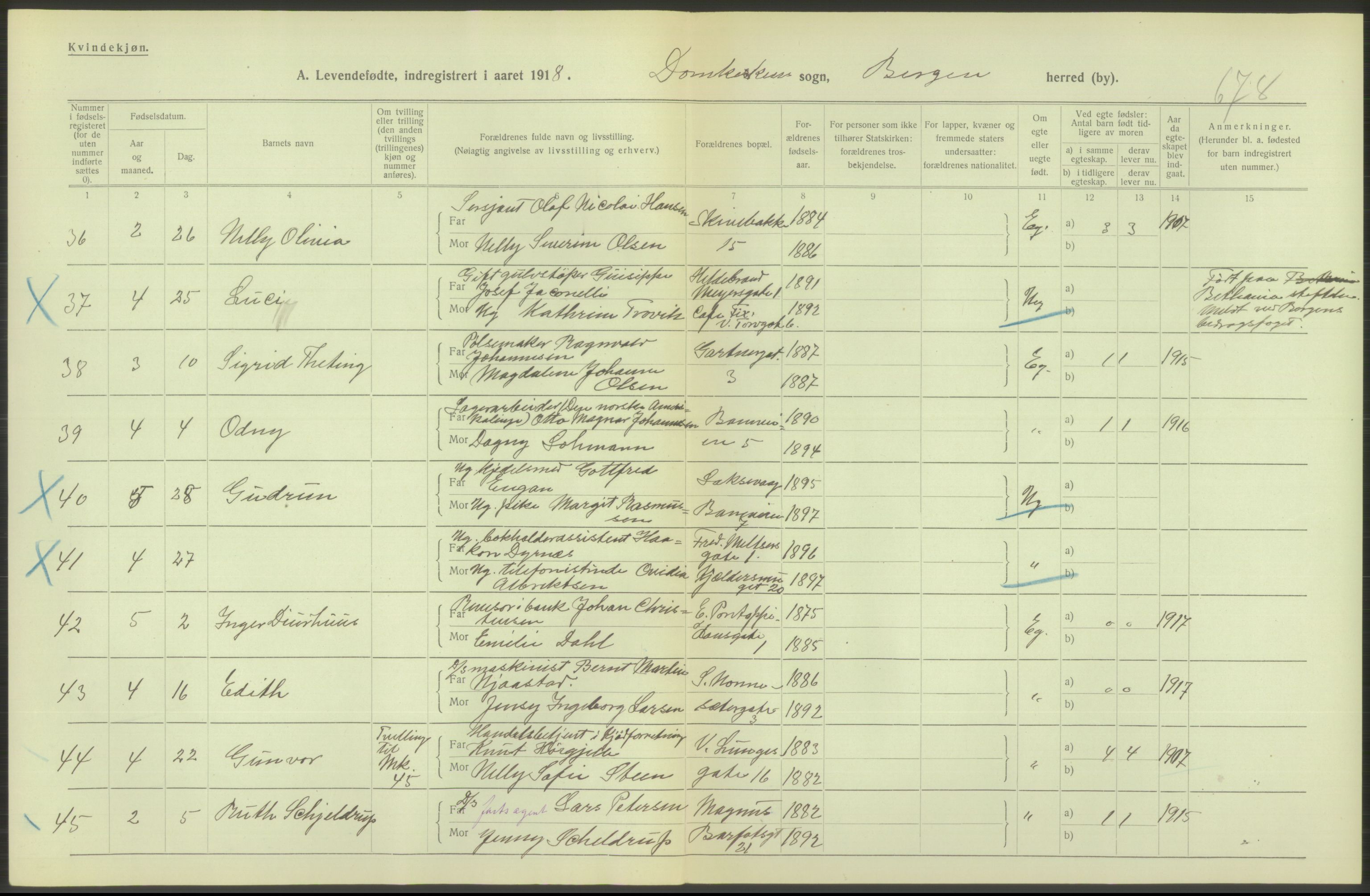 Statistisk sentralbyrå, Sosiodemografiske emner, Befolkning, AV/RA-S-2228/D/Df/Dfb/Dfbh/L0037: Bergen: Levendefødte menn og kvinner., 1918, s. 596