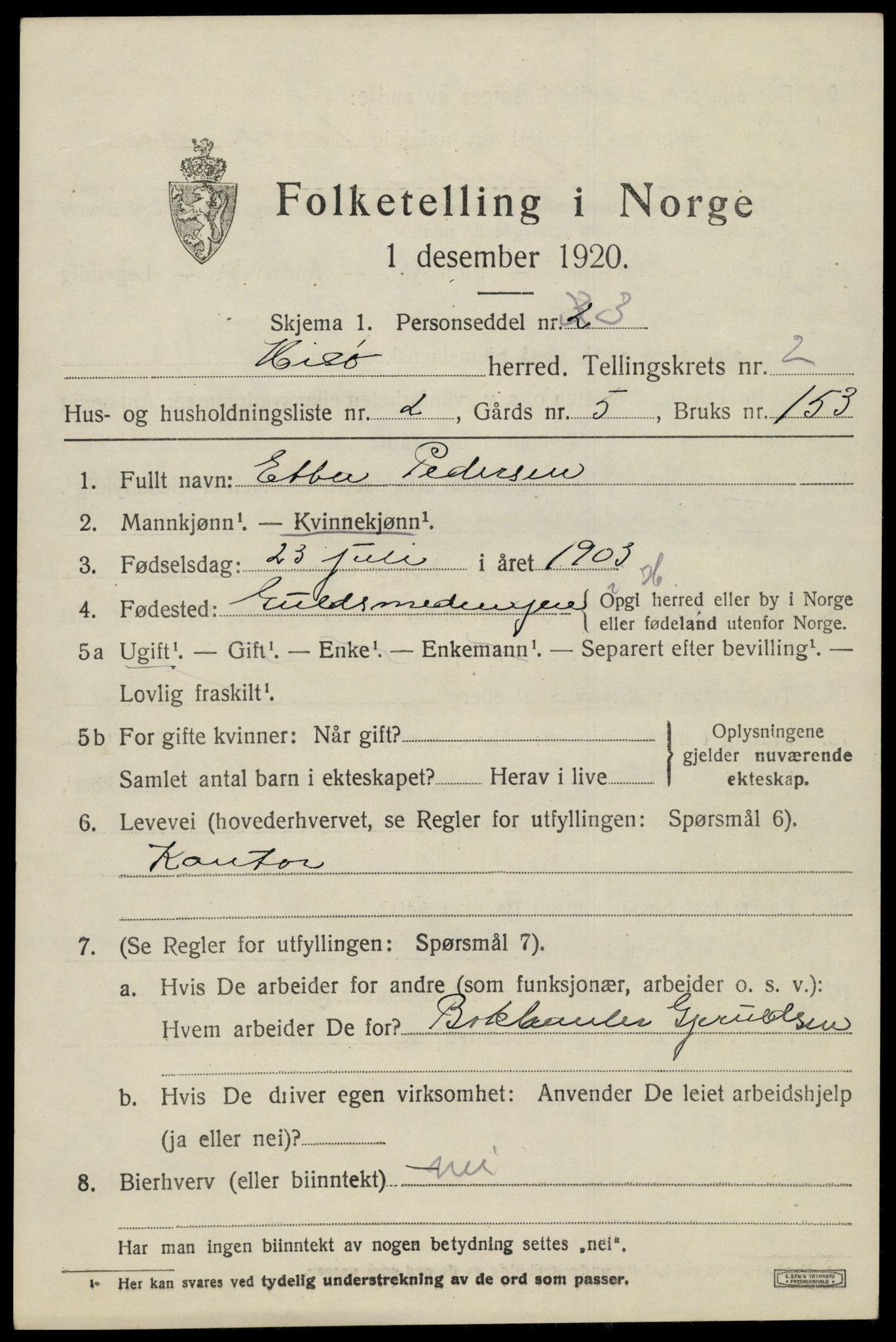 SAK, Folketelling 1920 for 0922 Hisøy herred, 1920, s. 2408