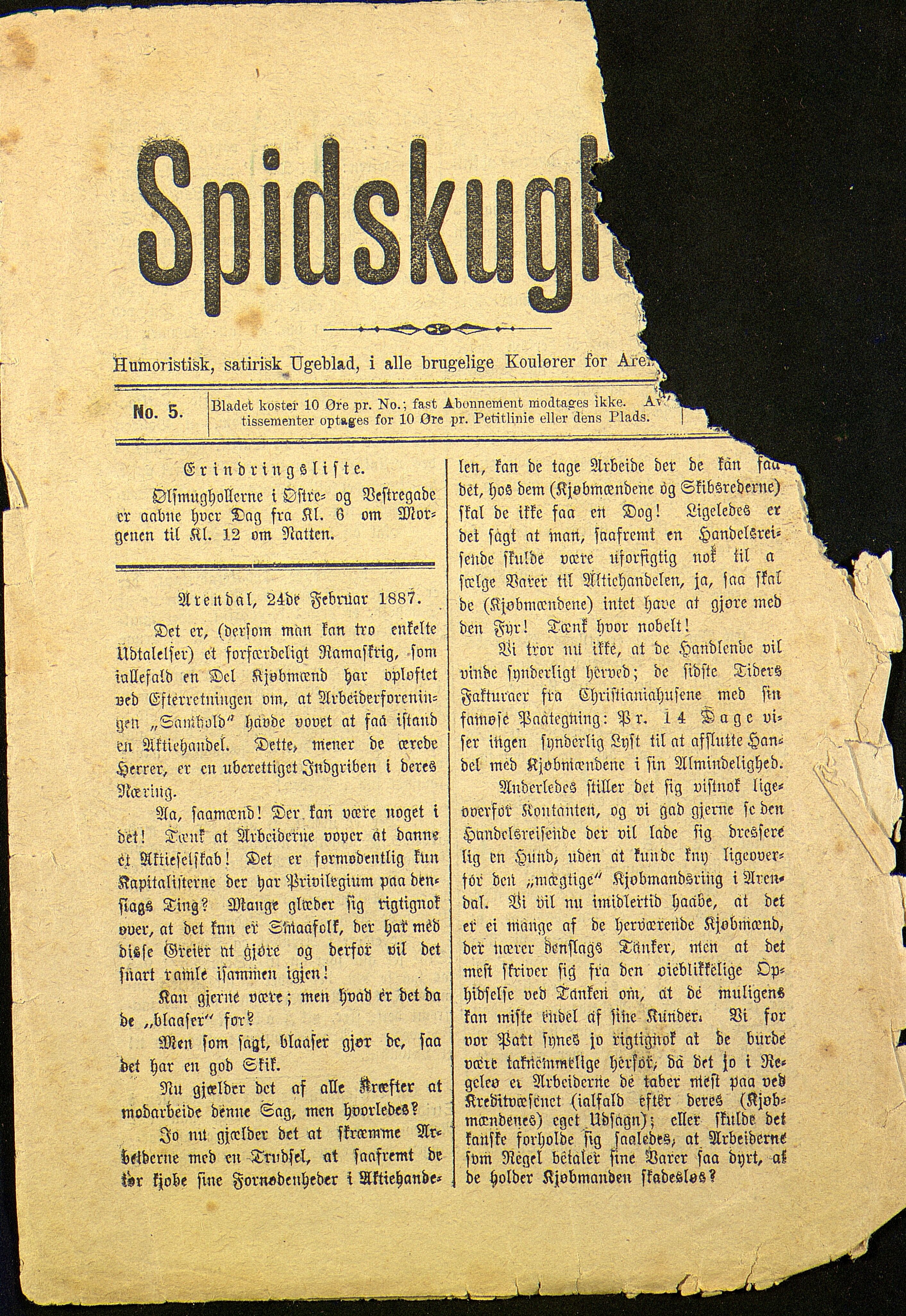 Spidskuglen, AAKS/PA-2823/X/L0001/0001: Spidskuglen / Årg. 1887, nr. 1–2, 4–23, 25–36, 1887