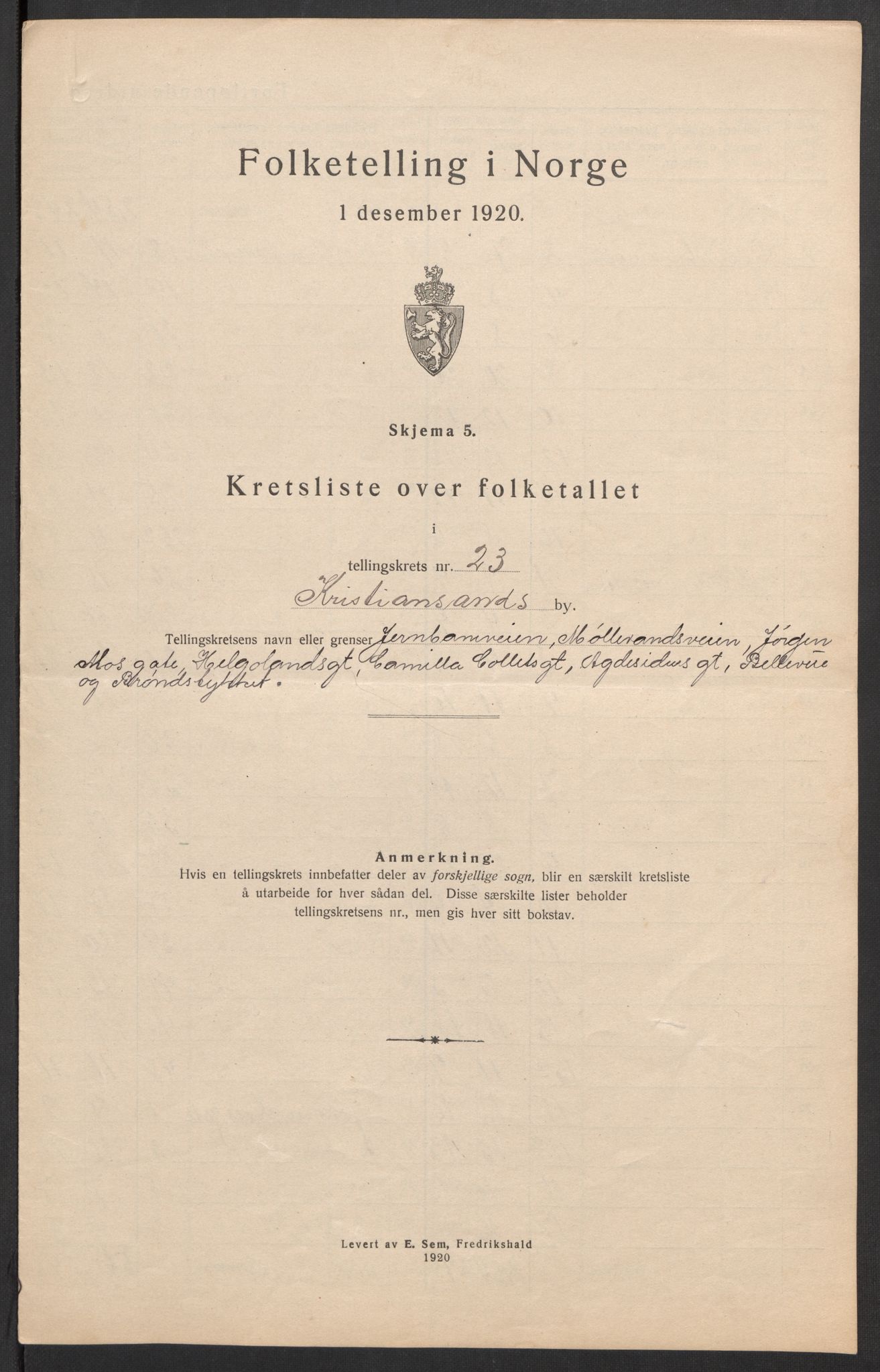 SAK, Folketelling 1920 for 1001 Kristiansand kjøpstad, 1920, s. 73