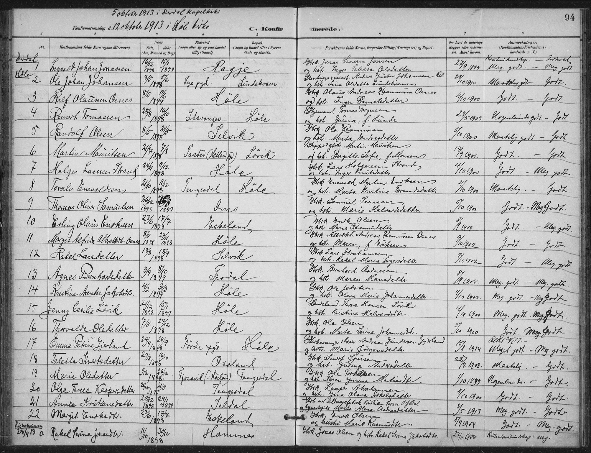 Høgsfjord sokneprestkontor, AV/SAST-A-101624/H/Ha/Haa/L0008: Ministerialbok nr. A 8, 1898-1920, s. 94