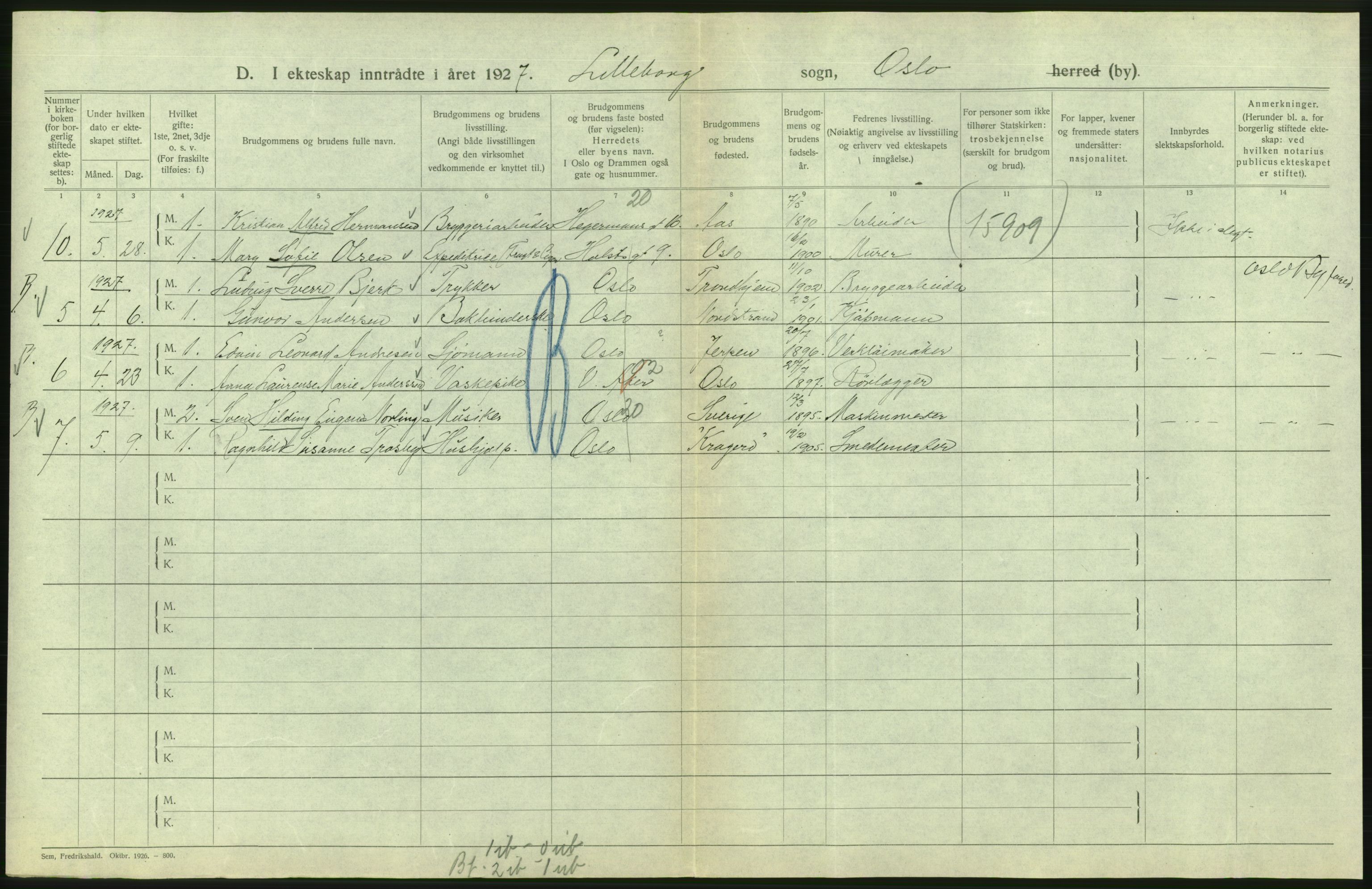 Statistisk sentralbyrå, Sosiodemografiske emner, Befolkning, AV/RA-S-2228/D/Df/Dfc/Dfcg/L0008: Oslo: Gifte, 1927, s. 810