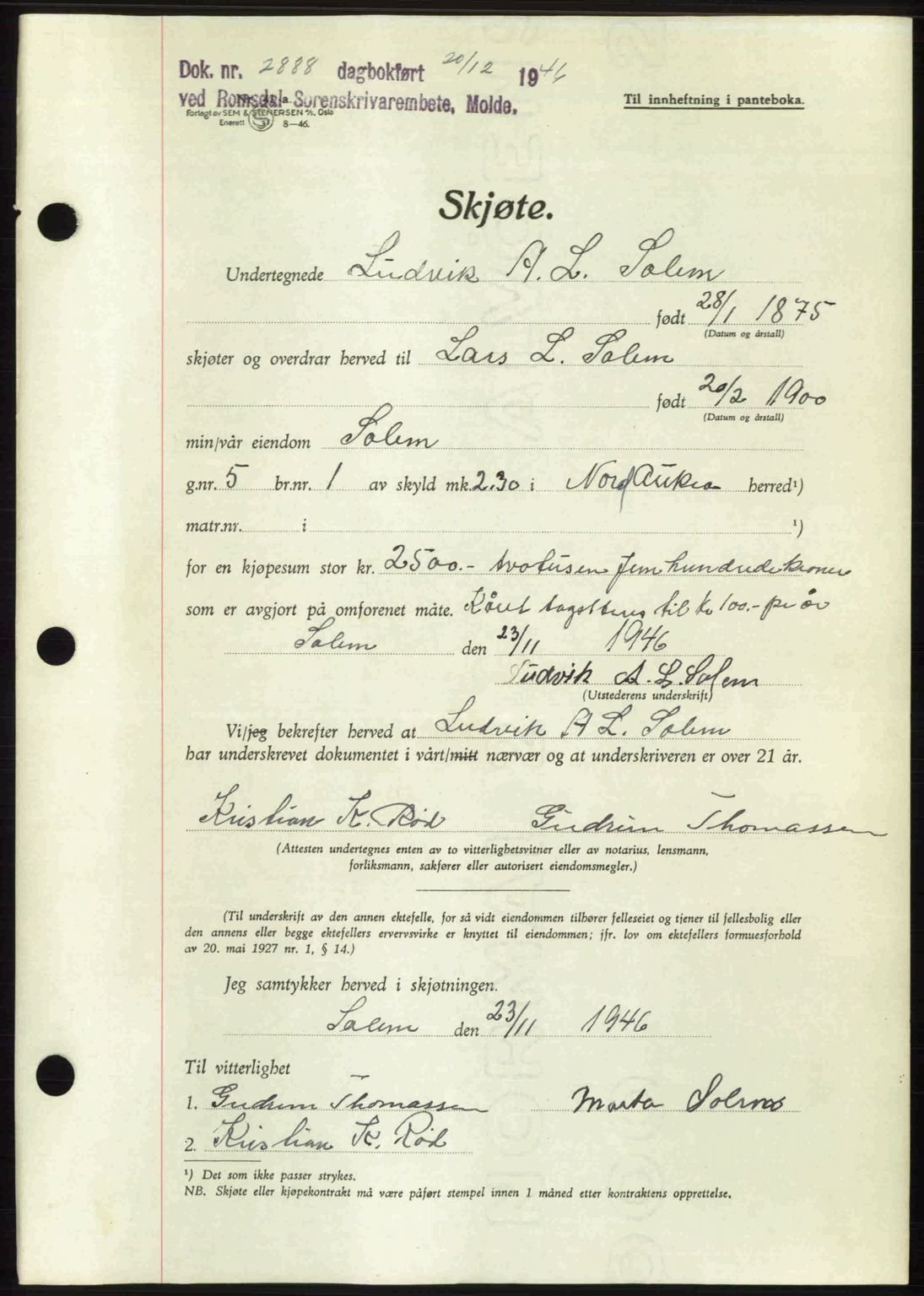 Romsdal sorenskriveri, AV/SAT-A-4149/1/2/2C: Pantebok nr. A21, 1946-1946, Dagboknr: 2888/1946