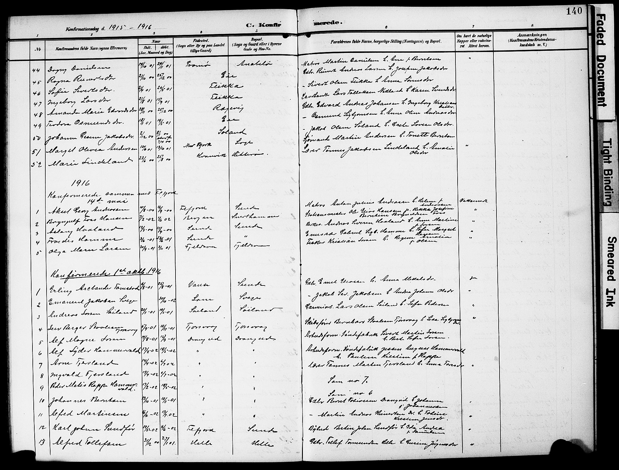 Flekkefjord sokneprestkontor, AV/SAK-1111-0012/F/Fb/Fbc/L0008: Klokkerbok nr. B 8, 1903-1931, s. 140