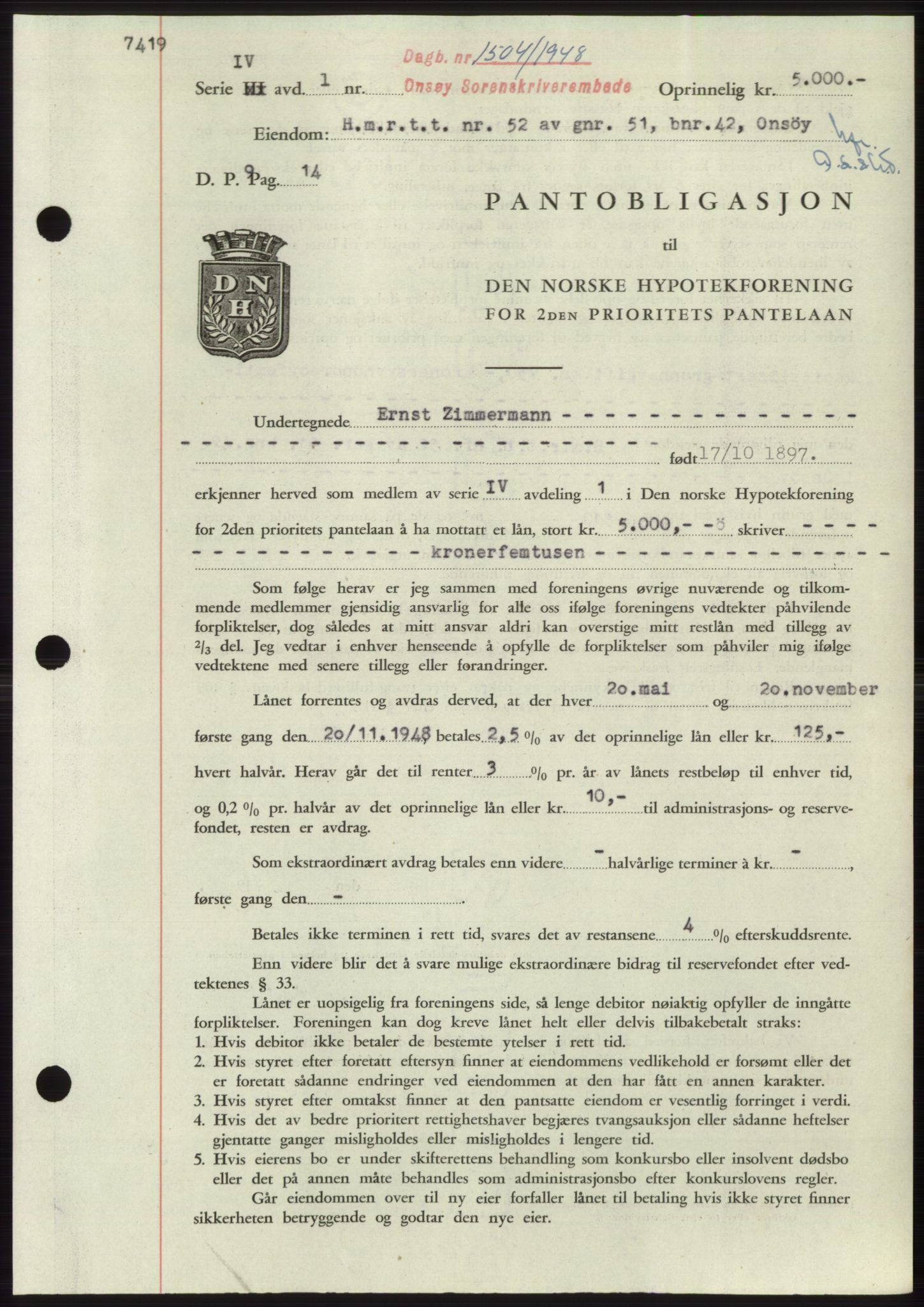 Onsøy sorenskriveri, SAO/A-10474/G/Ga/Gac/L0007: Pantebok nr. B 14-7, 1948-1948, Dagboknr: 1504/1948