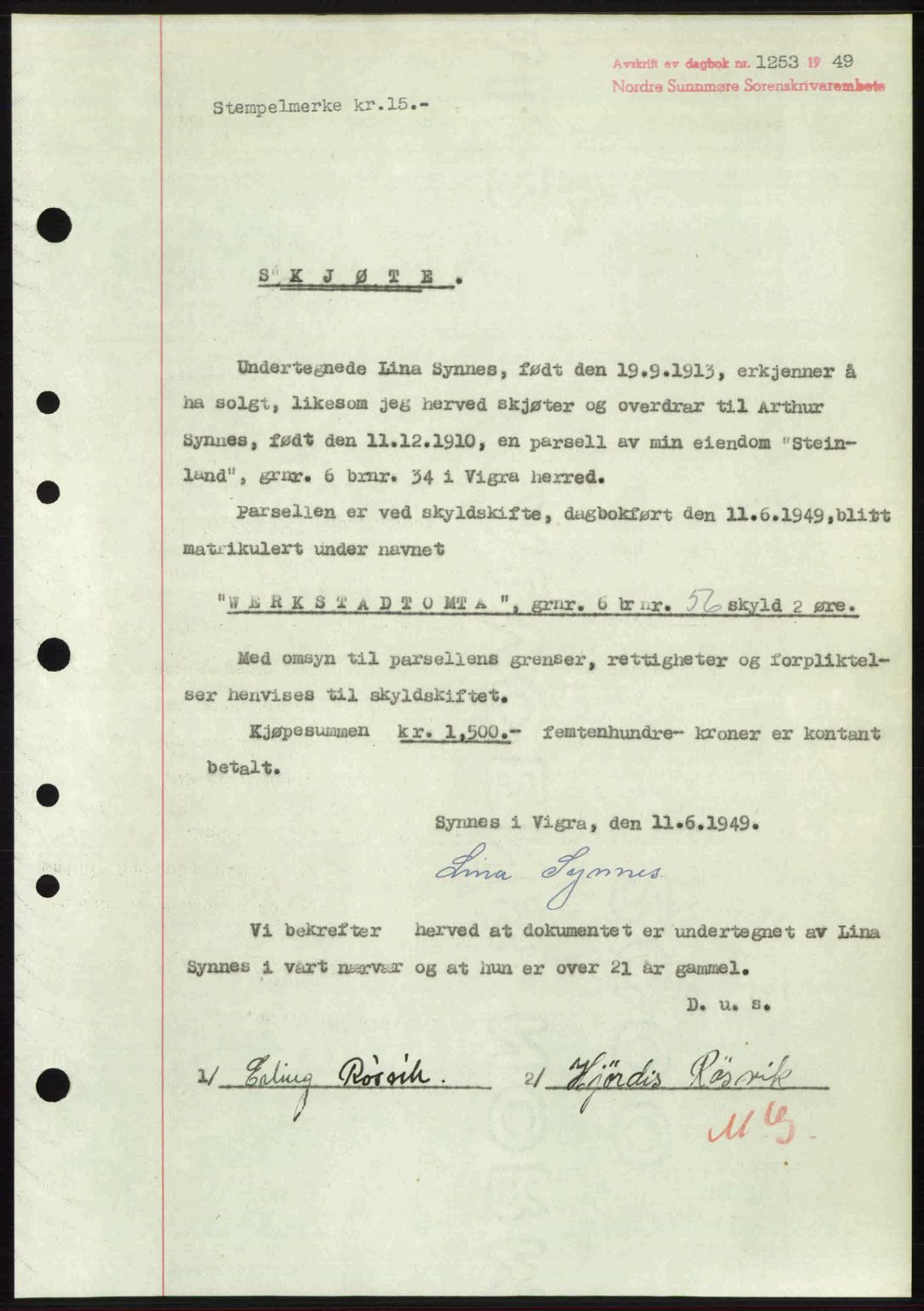 Nordre Sunnmøre sorenskriveri, AV/SAT-A-0006/1/2/2C/2Ca: Pantebok nr. A31, 1949-1949, Dagboknr: 1253/1949