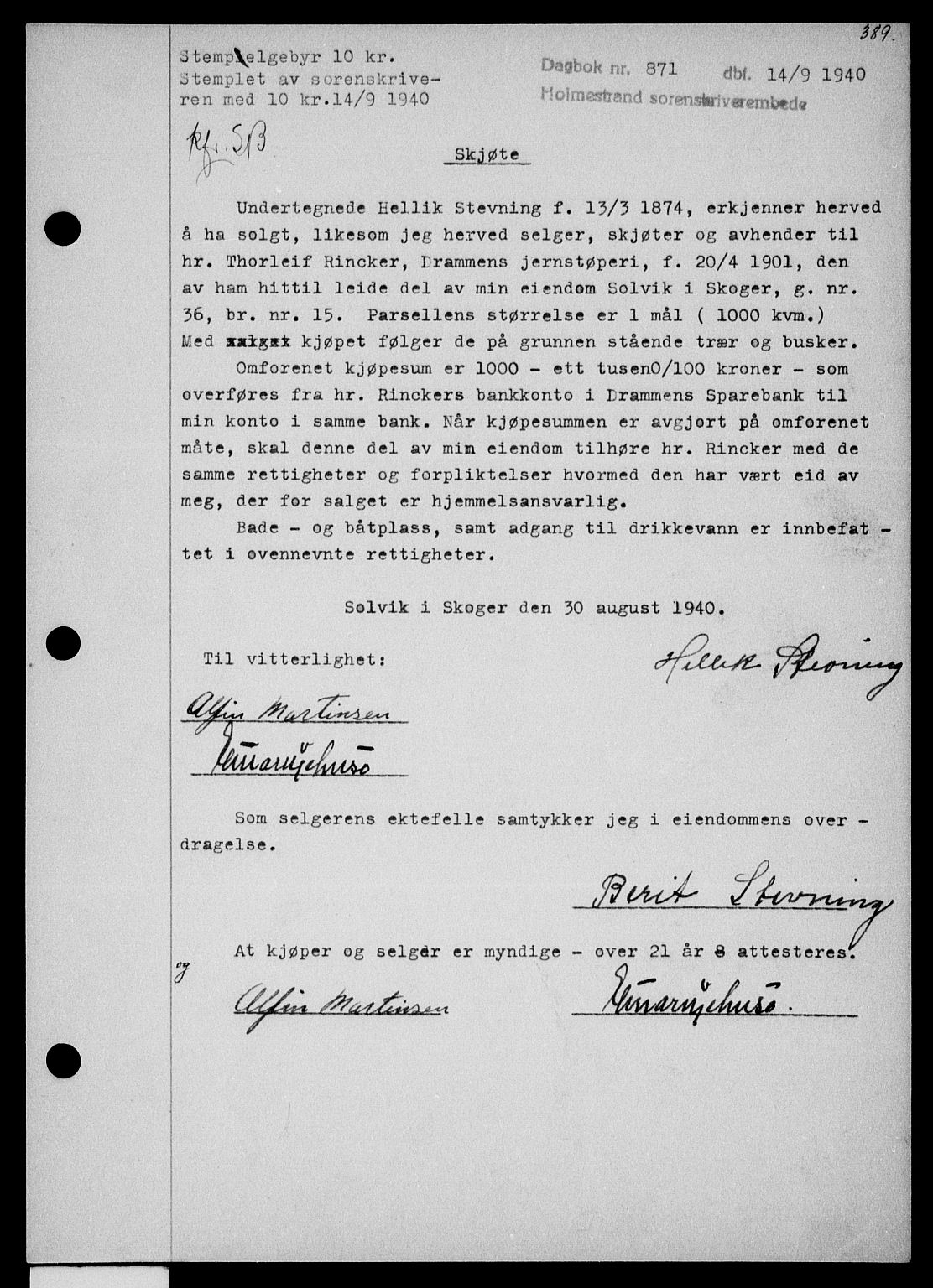 Holmestrand sorenskriveri, SAKO/A-67/G/Ga/Gaa/L0052: Pantebok nr. A-52, 1940-1941, Dagboknr: 871/1940