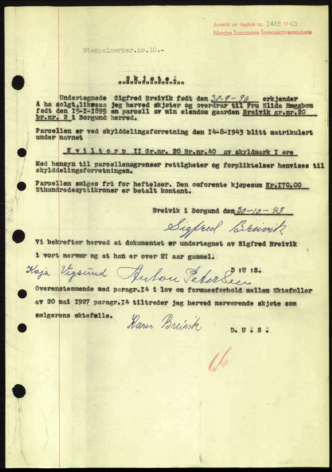 Nordre Sunnmøre sorenskriveri, SAT/A-0006/1/2/2C/2Ca: Pantebok nr. A16, 1943-1943, Dagboknr: 1455/1943
