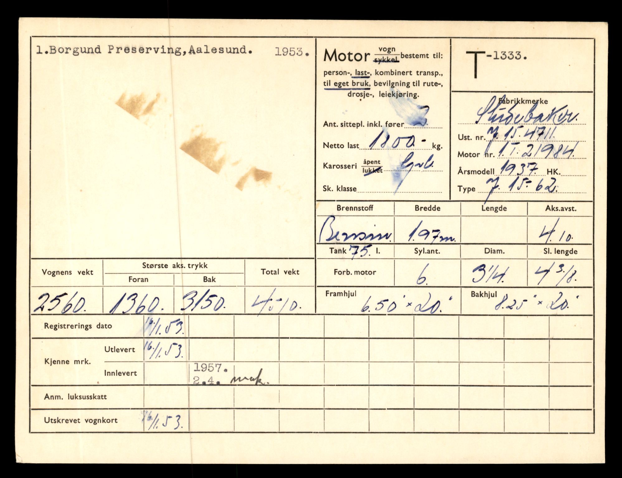 Møre og Romsdal vegkontor - Ålesund trafikkstasjon, SAT/A-4099/F/Fe/L0012: Registreringskort for kjøretøy T 1290 - T 1450, 1927-1998, s. 999