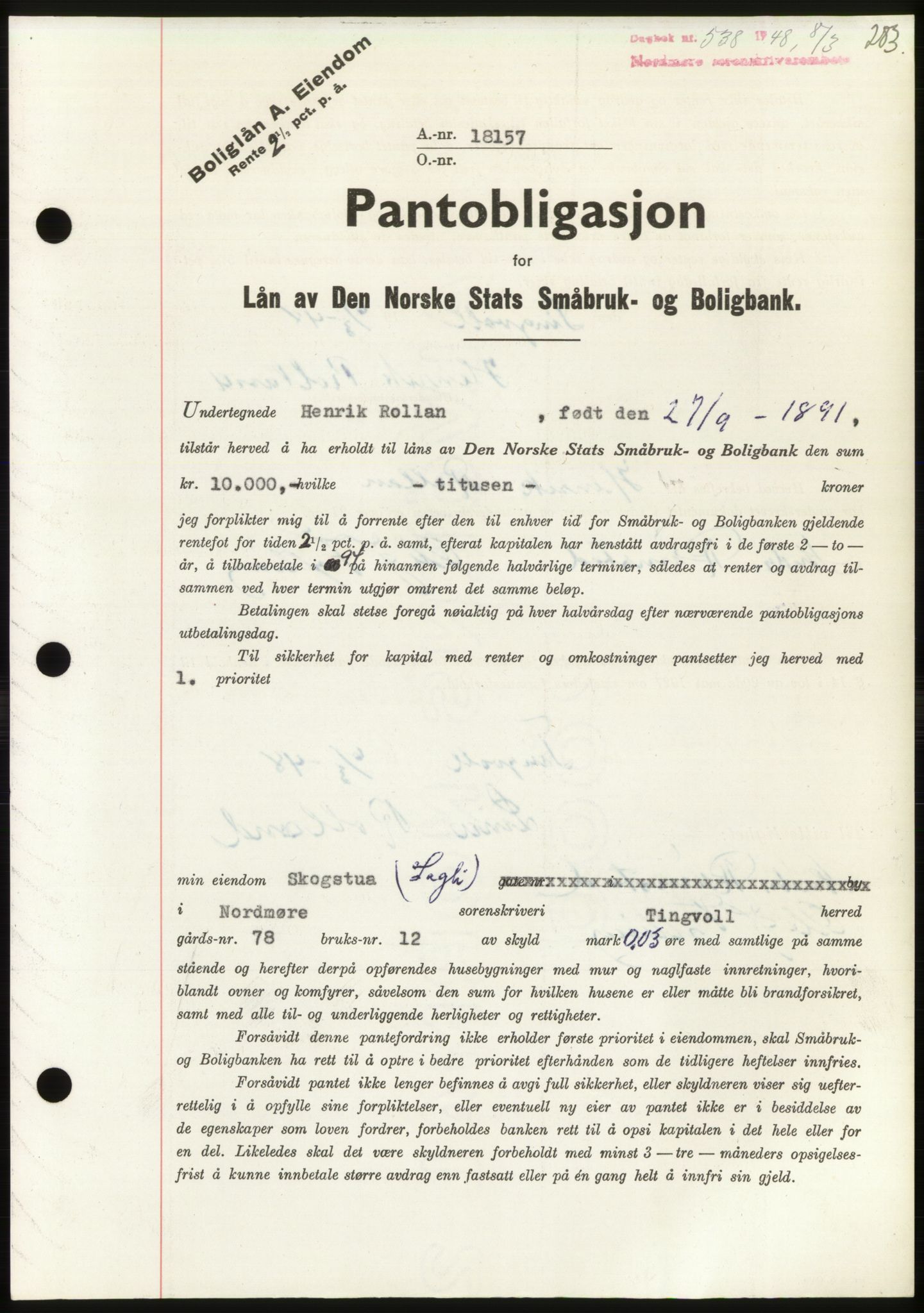 Nordmøre sorenskriveri, SAT/A-4132/1/2/2Ca: Pantebok nr. B98, 1948-1948, Dagboknr: 538/1948