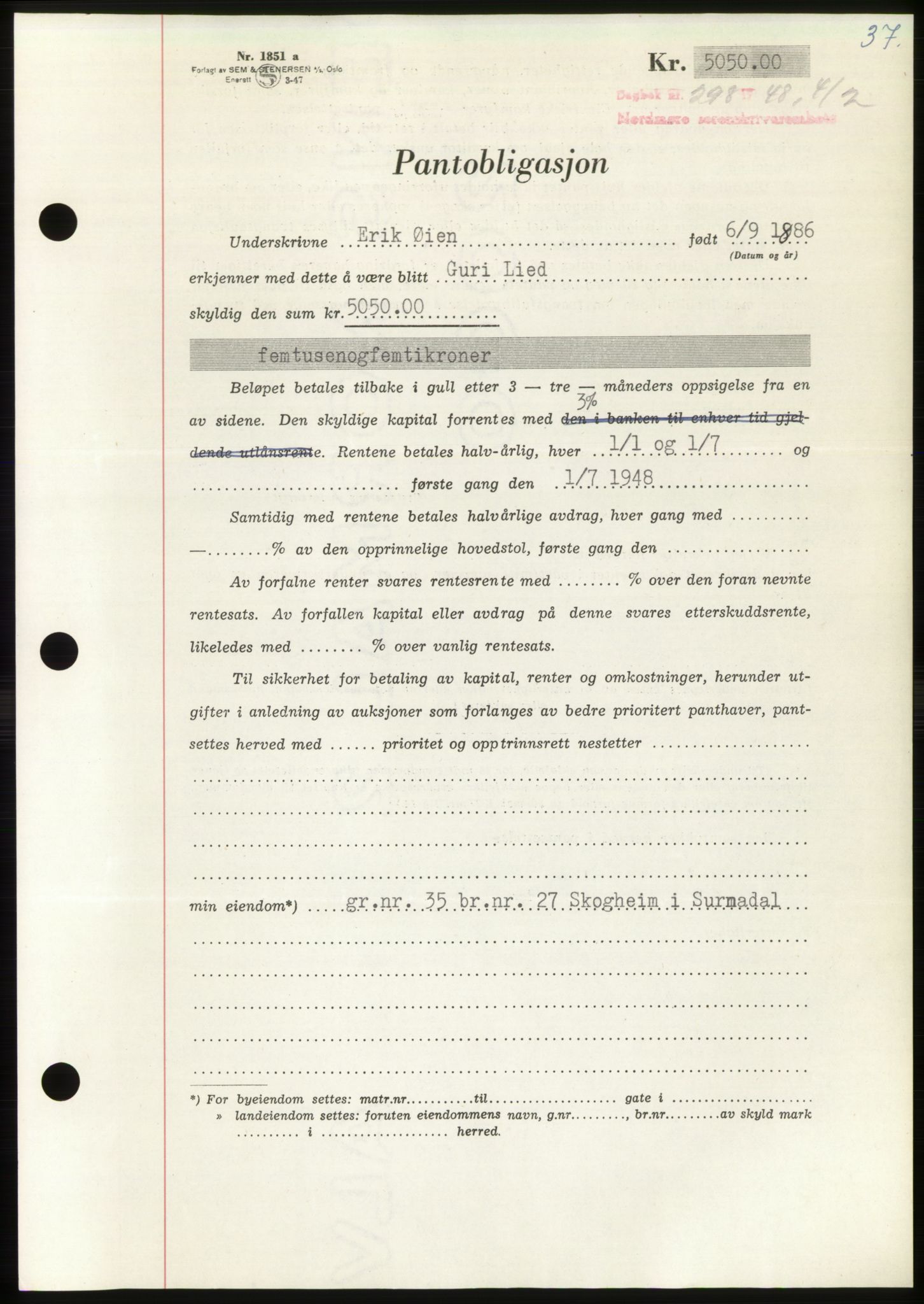 Nordmøre sorenskriveri, SAT/A-4132/1/2/2Ca: Pantebok nr. B98, 1948-1948, Dagboknr: 298/1948