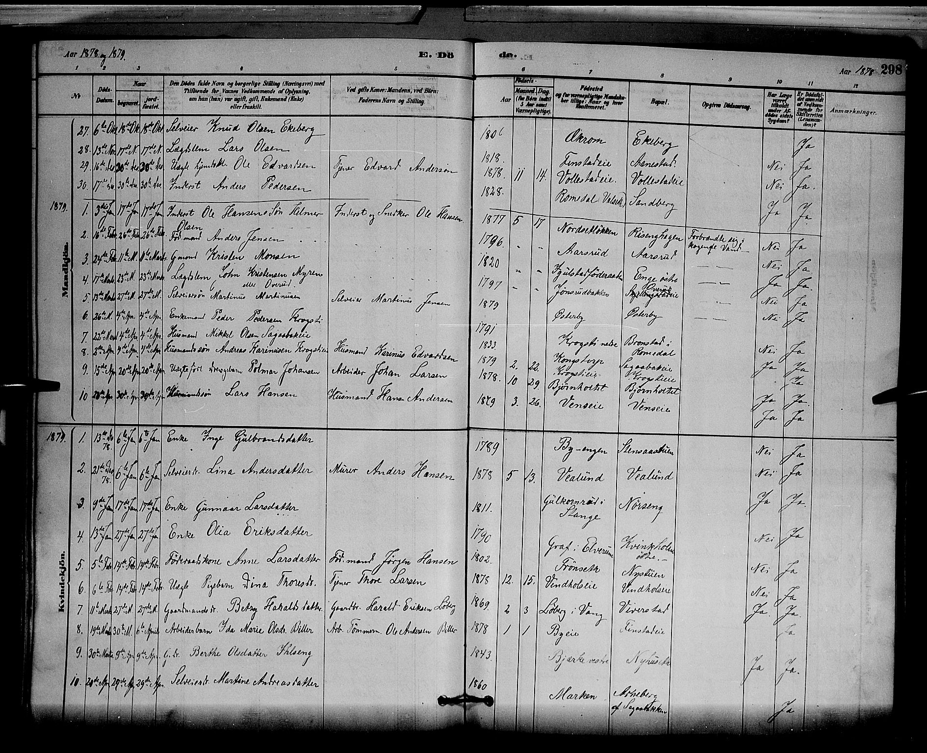 Løten prestekontor, AV/SAH-PREST-022/L/La/L0005: Klokkerbok nr. 5, 1878-1891, s. 298