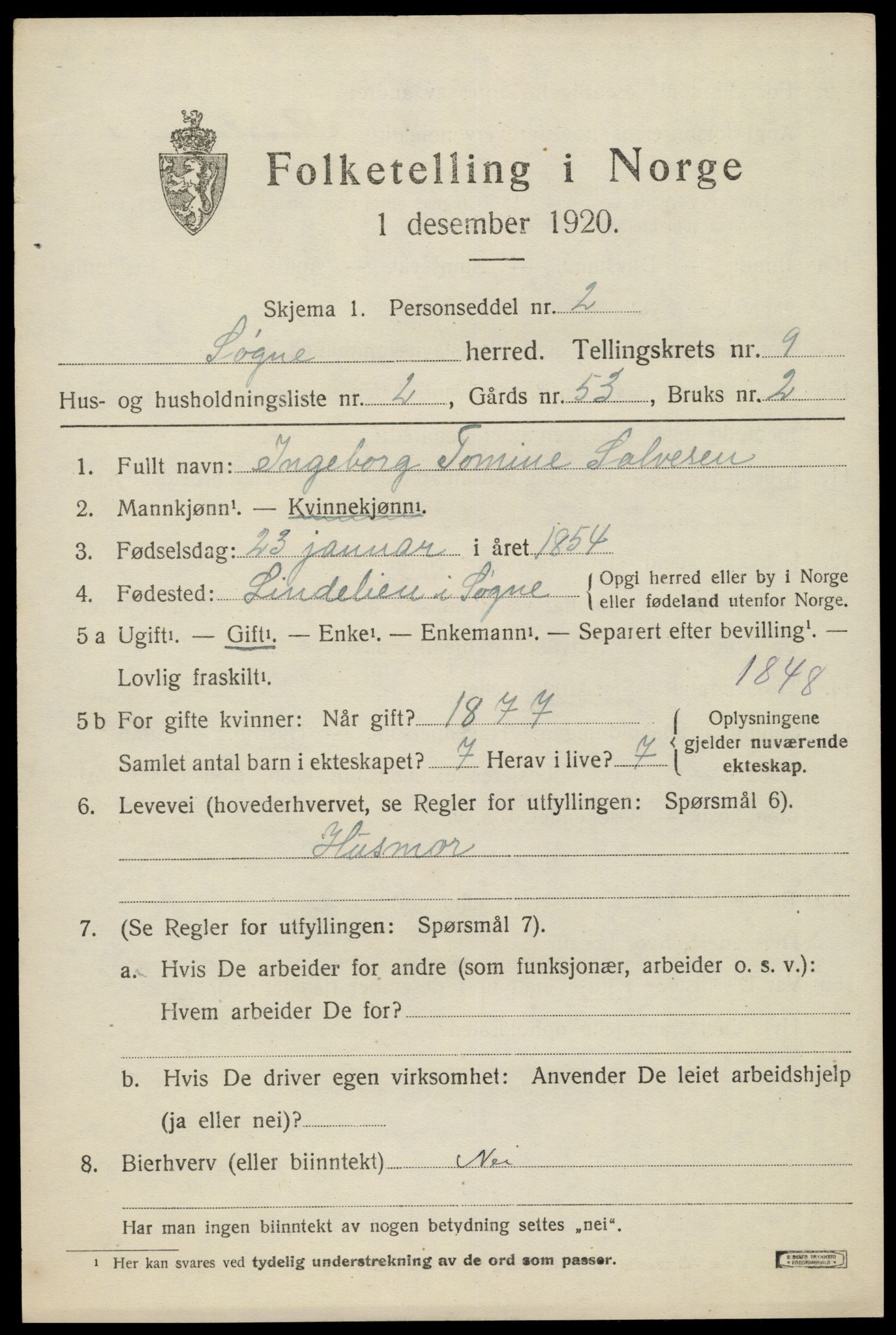 SAK, Folketelling 1920 for 1018 Søgne herred, 1920, s. 5311