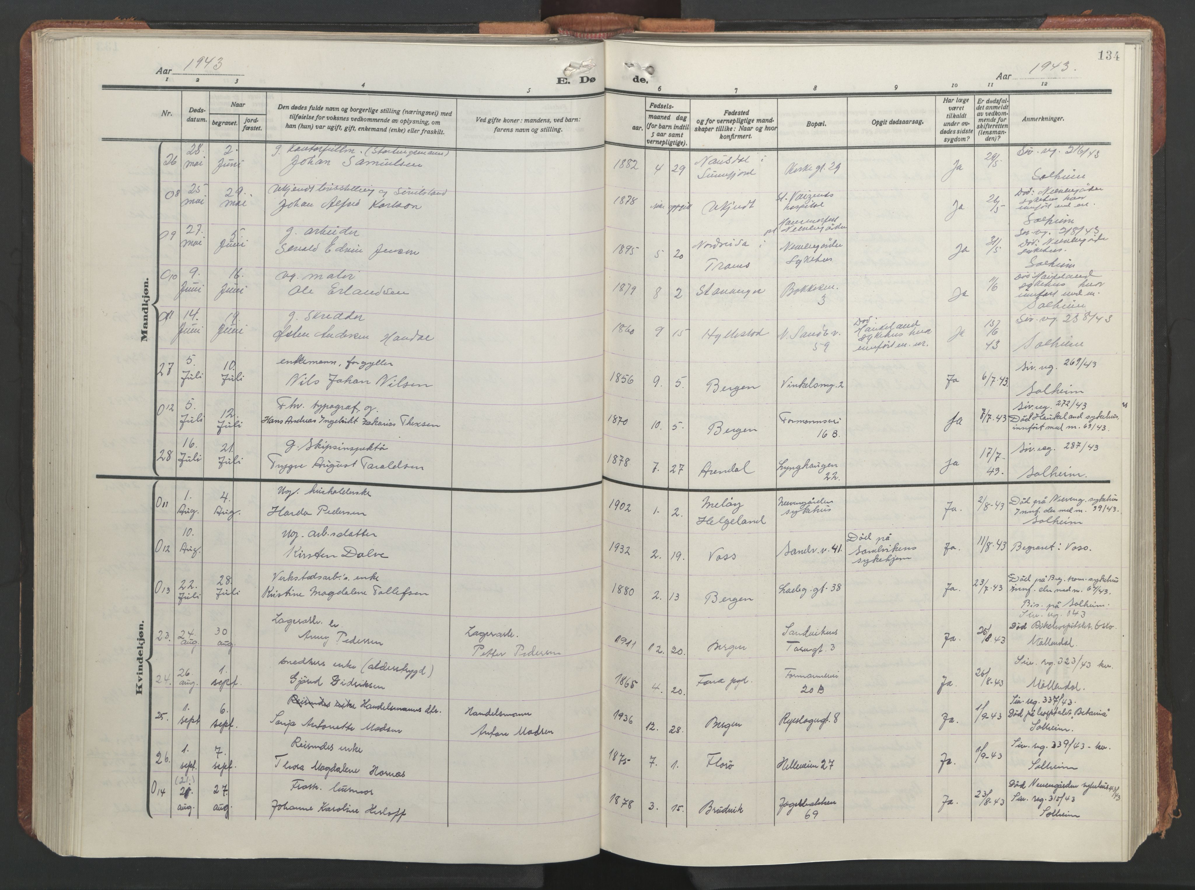 Sandviken Sokneprestembete, AV/SAB-A-77601/H/Hb/L0018: Klokkerbok nr. E 2, 1926-1962, s. 133b-134a