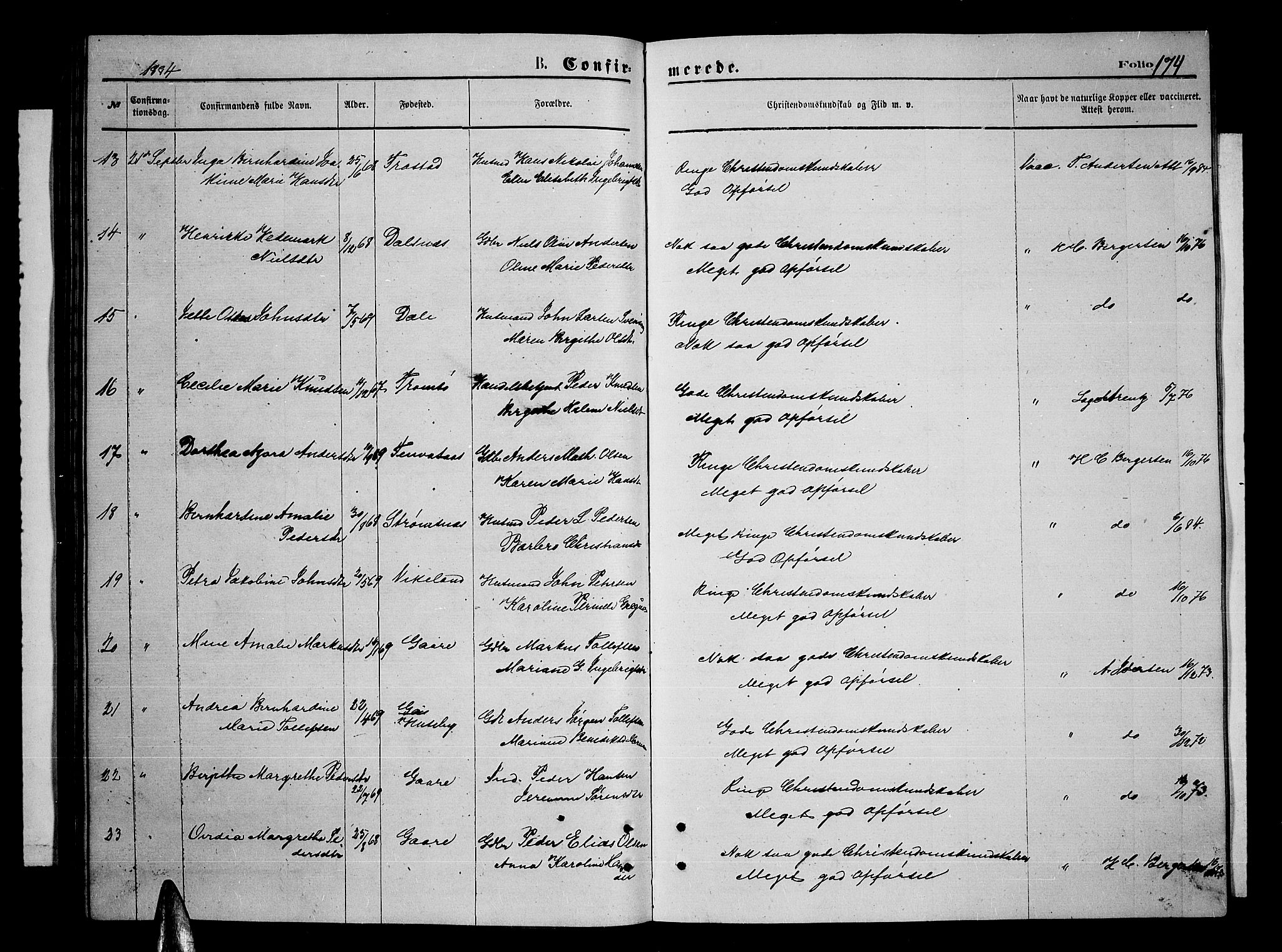 Kvæfjord sokneprestkontor, AV/SATØ-S-1323/G/Ga/Gab/L0004klokker: Klokkerbok nr. 4, 1870-1886, s. 174