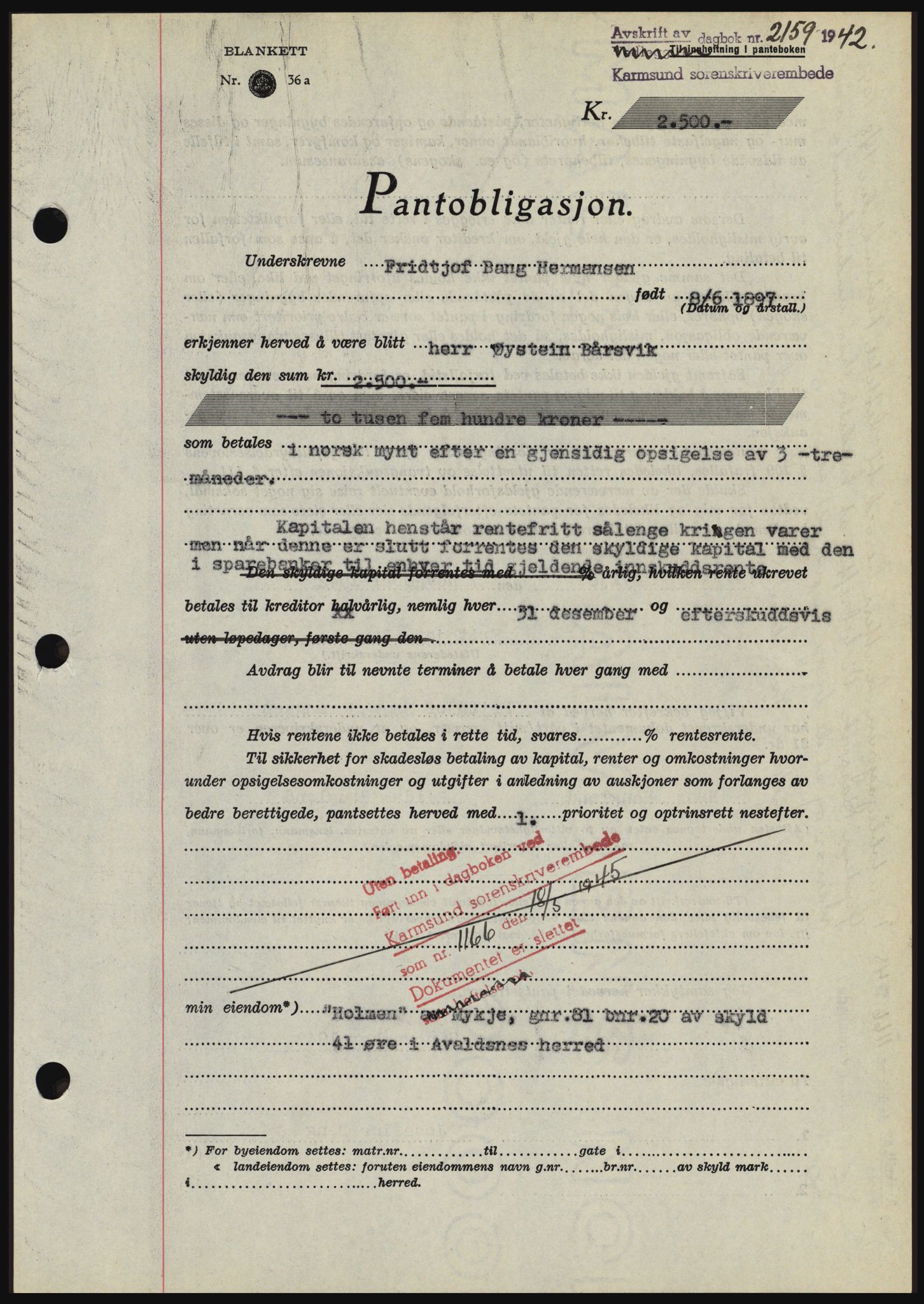 Karmsund sorenskriveri, SAST/A-100311/01/II/IIBBE/L0008: Pantebok nr. B 54, 1942-1943, Dagboknr: 2159/1942