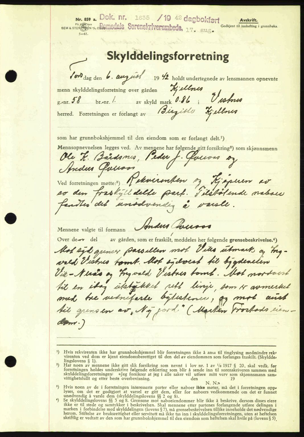Romsdal sorenskriveri, SAT/A-4149/1/2/2C: Pantebok nr. A12, 1942-1942, Dagboknr: 1635/1942
