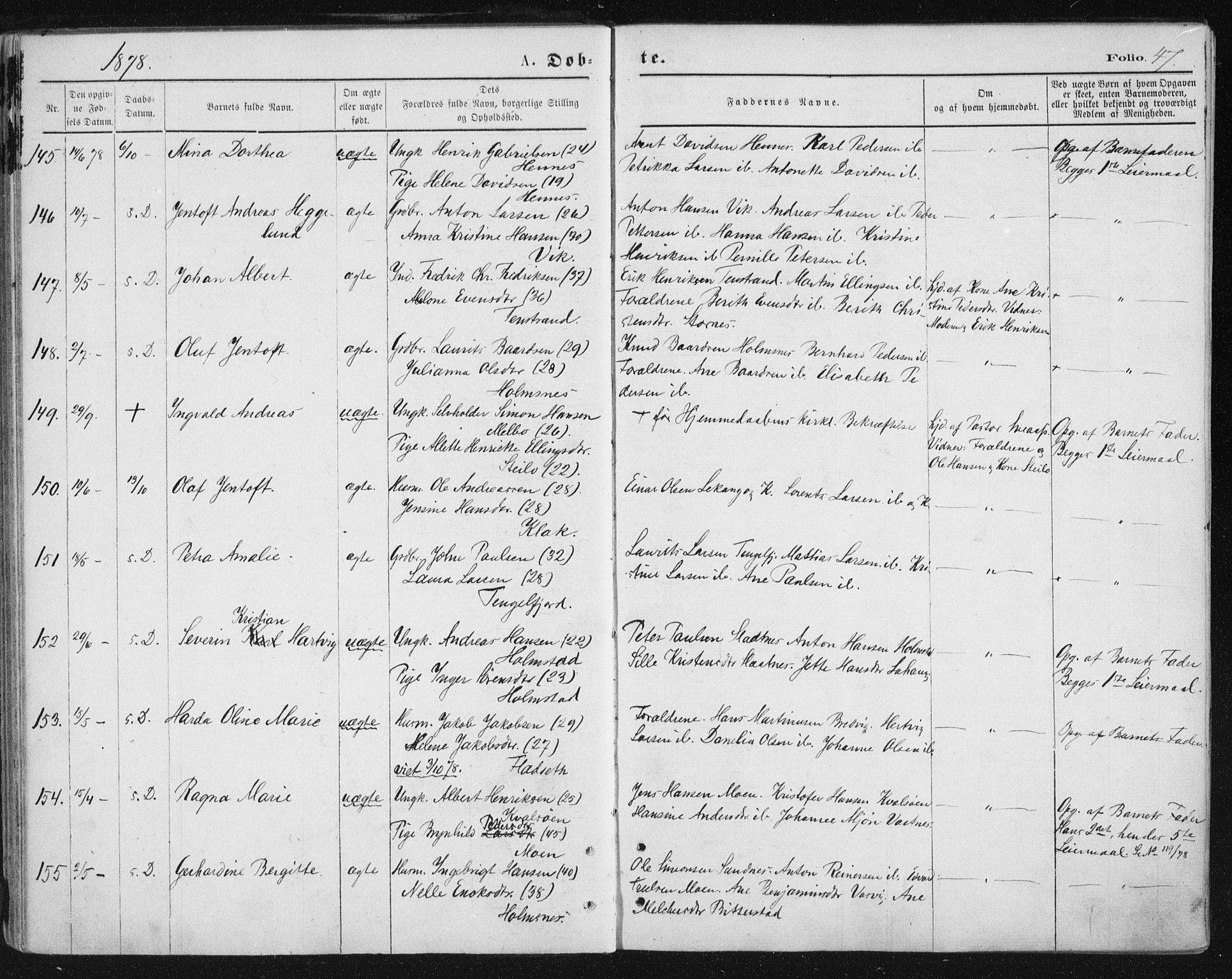 Ministerialprotokoller, klokkerbøker og fødselsregistre - Nordland, AV/SAT-A-1459/888/L1243: Ministerialbok nr. 888A09, 1876-1879, s. 47