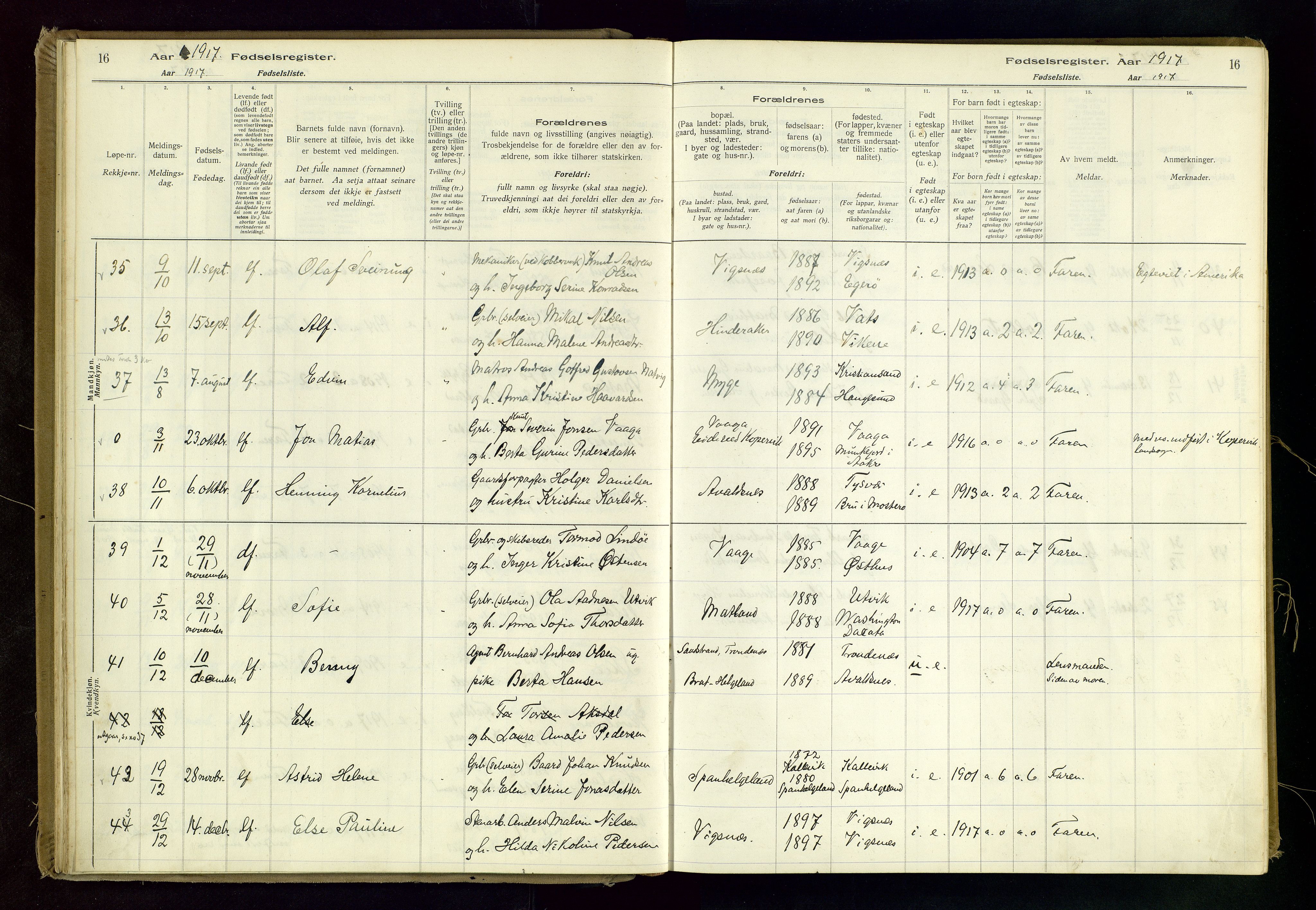 Avaldsnes sokneprestkontor, SAST/A -101851/I/Id/L0001: Fødselsregister nr. 1, 1916-1946, s. 16